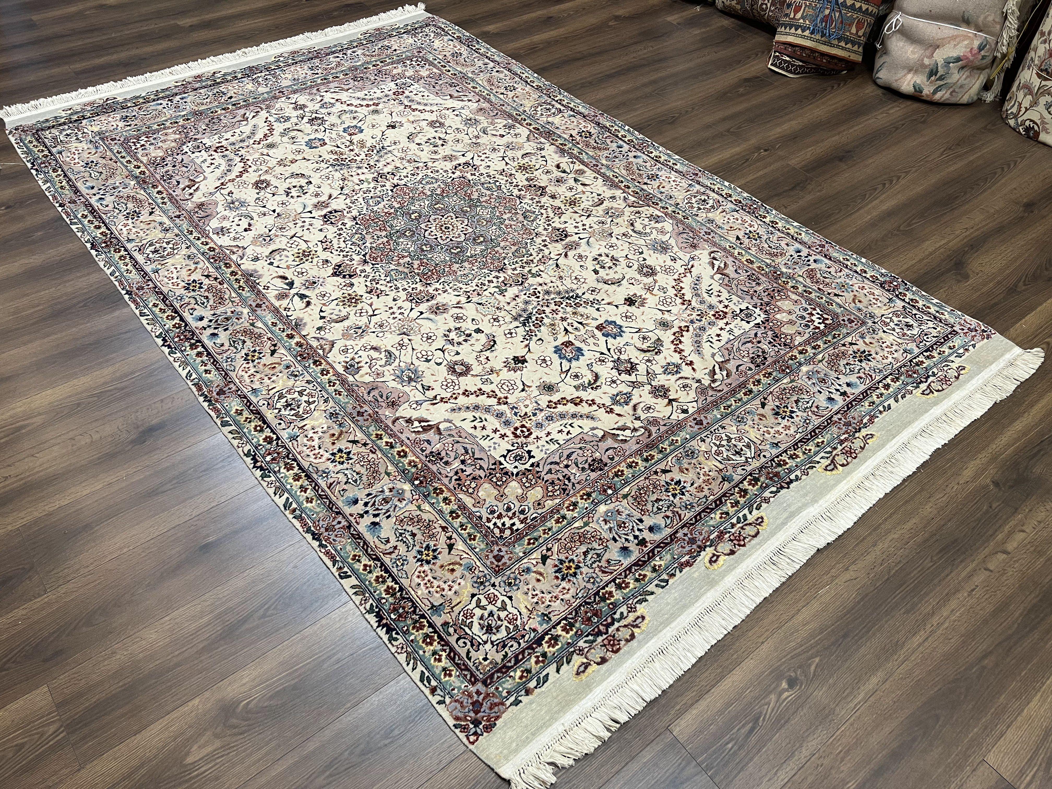 Beautiful Pak Persian Rug 6x9, Floral Medallion, Wool and Silk, Highly Detailed Elegant Carpet, Vintage Oriental Rug 6 x 9, Cream and Gray - Image 12