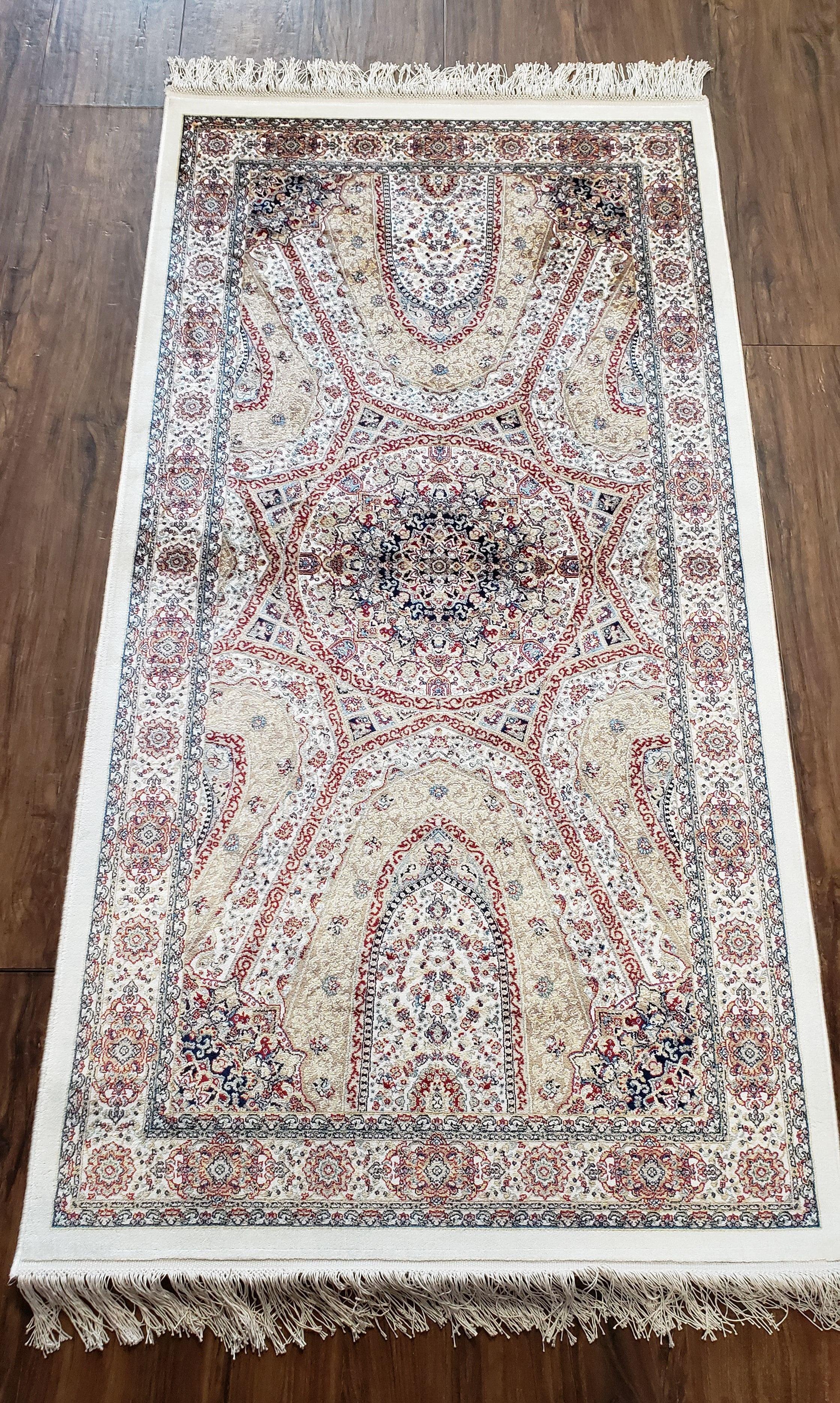 Beige & Cream Small Turkish Silk Rug, Bamboo Silk, Power-Loomed, Persian Design, High Quality, Soft Accent Rug, 3x5 ft, 2' 8" x 4' 11" - Image 12