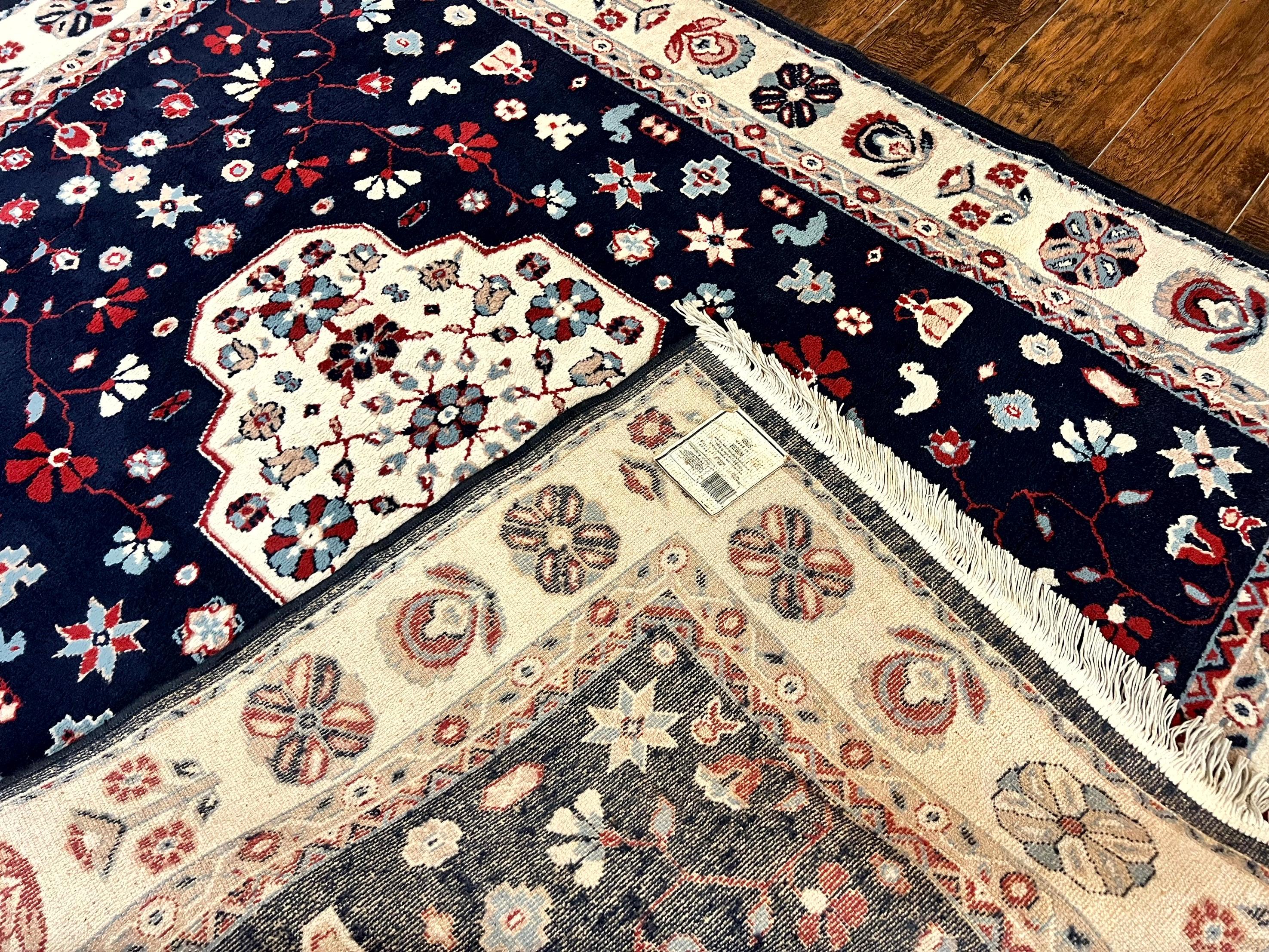 Belgium Power Loomed Rug 5.6 x 7, Navy Blue and Ivory, Heriz Pattern, Vintage Oriental Carpet - Image 10