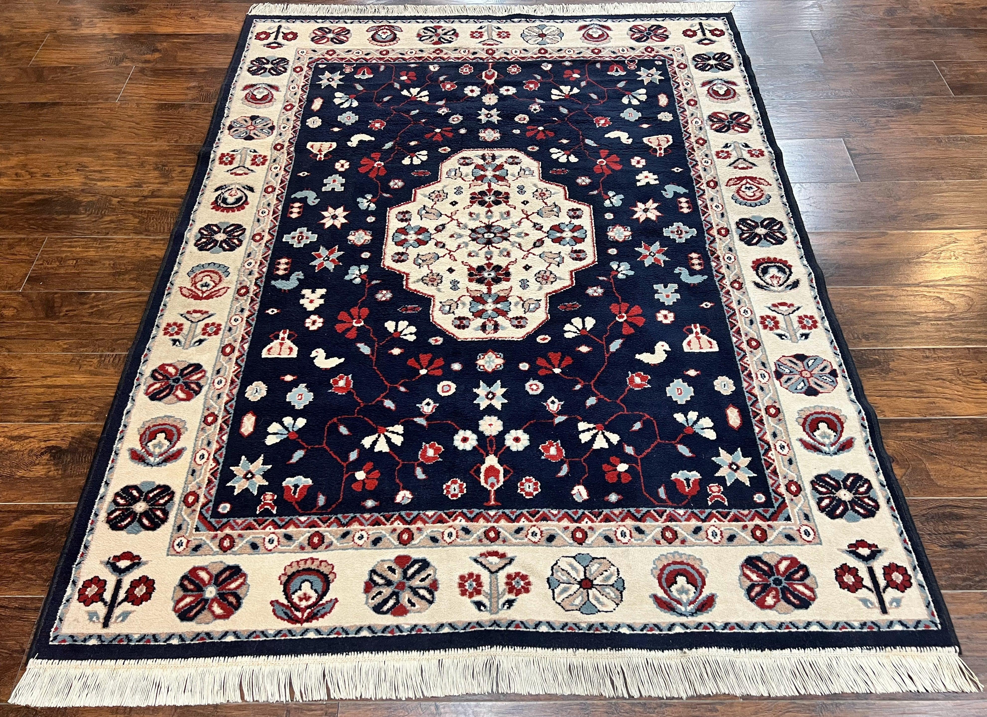 Belgium Power Loomed Rug 5.6 x 7, Navy Blue and Ivory, Heriz Pattern, Vintage Oriental Carpet - Image 12