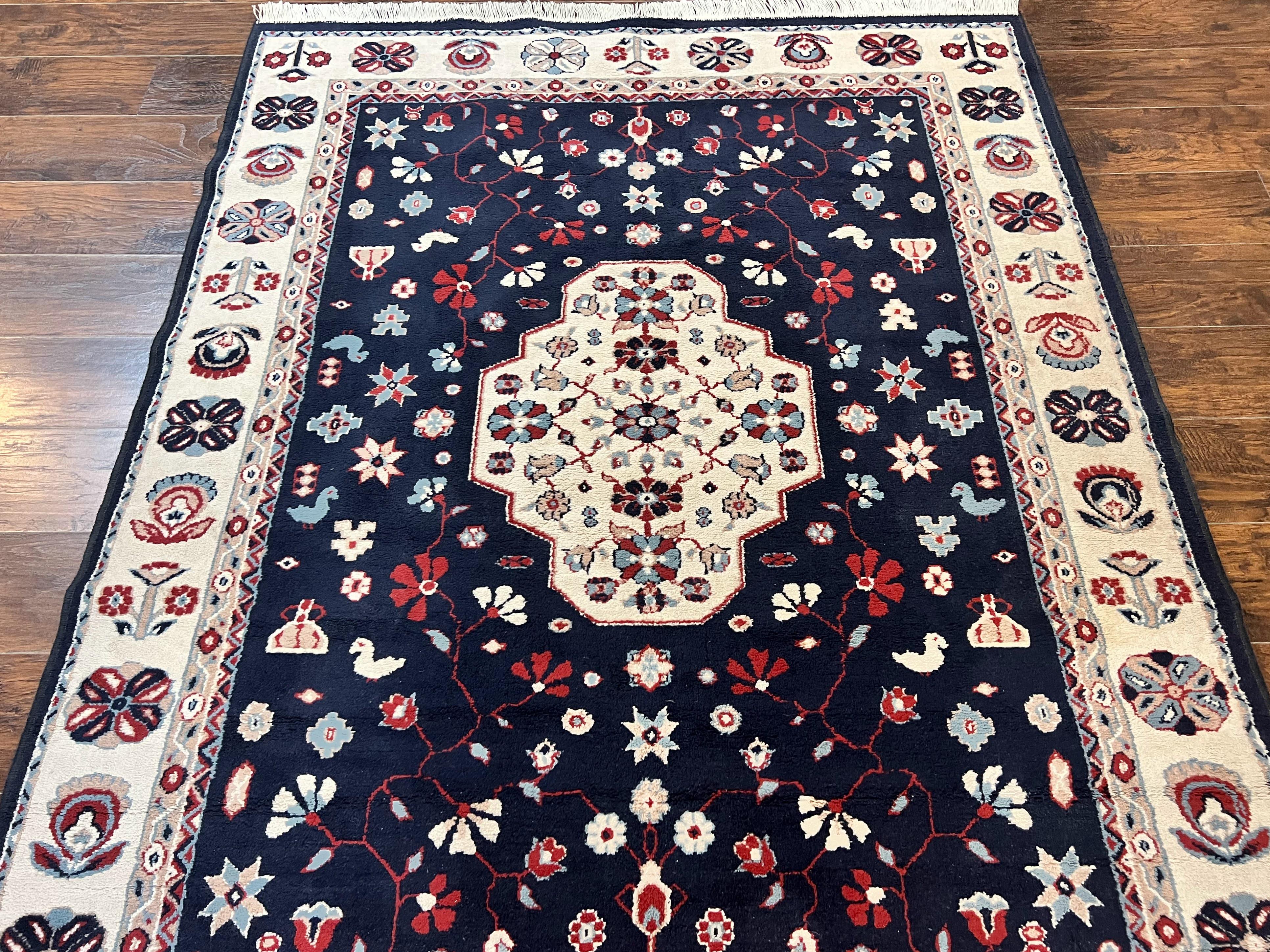 Belgium Power Loomed Rug 5.6 x 7, Navy Blue and Ivory, Heriz Pattern, Vintage Oriental Carpet - Image 2