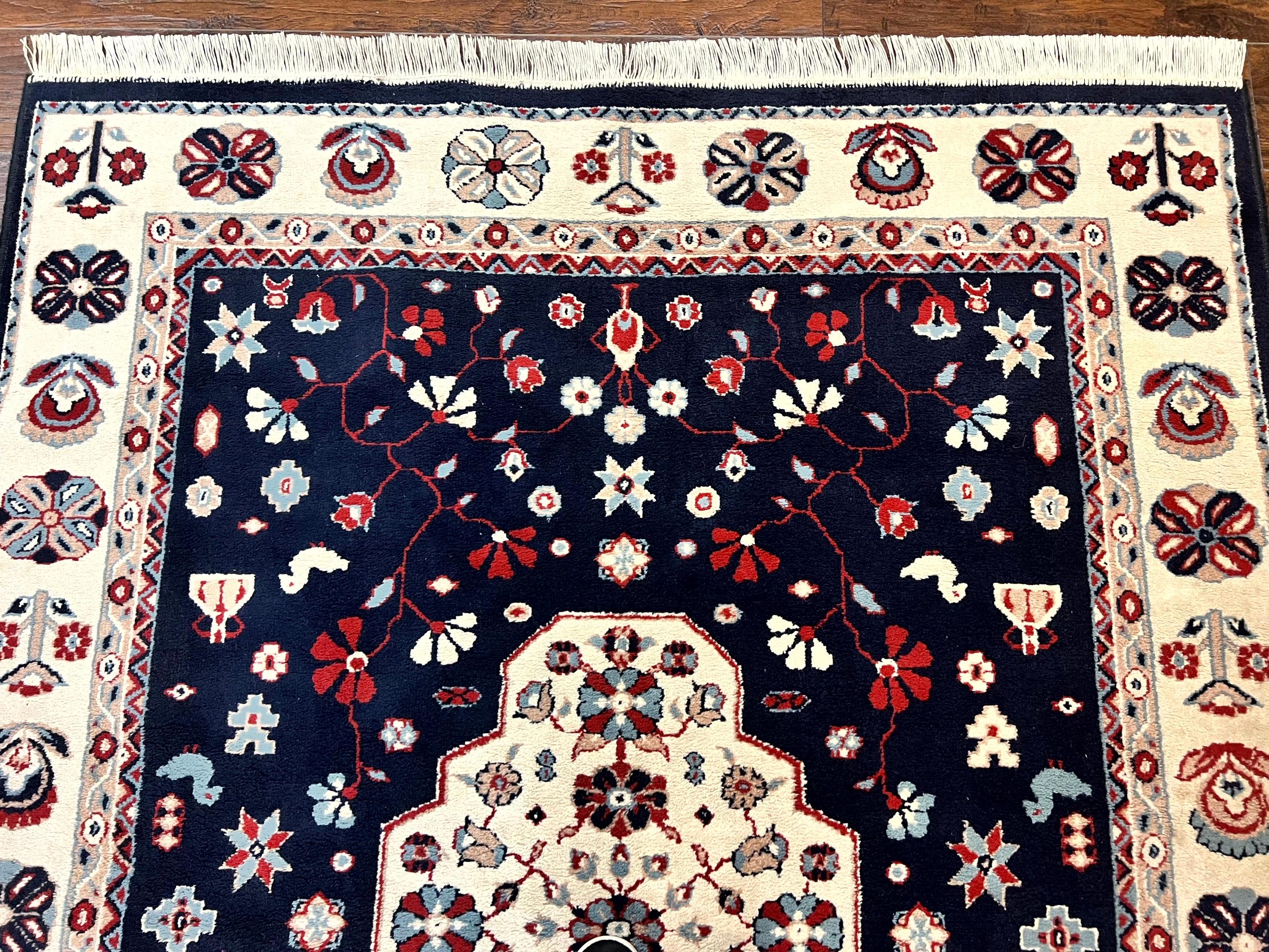 Belgium Power Loomed Rug 5.6 x 7, Navy Blue and Ivory, Heriz Pattern, Vintage Oriental Carpet - Image 3
