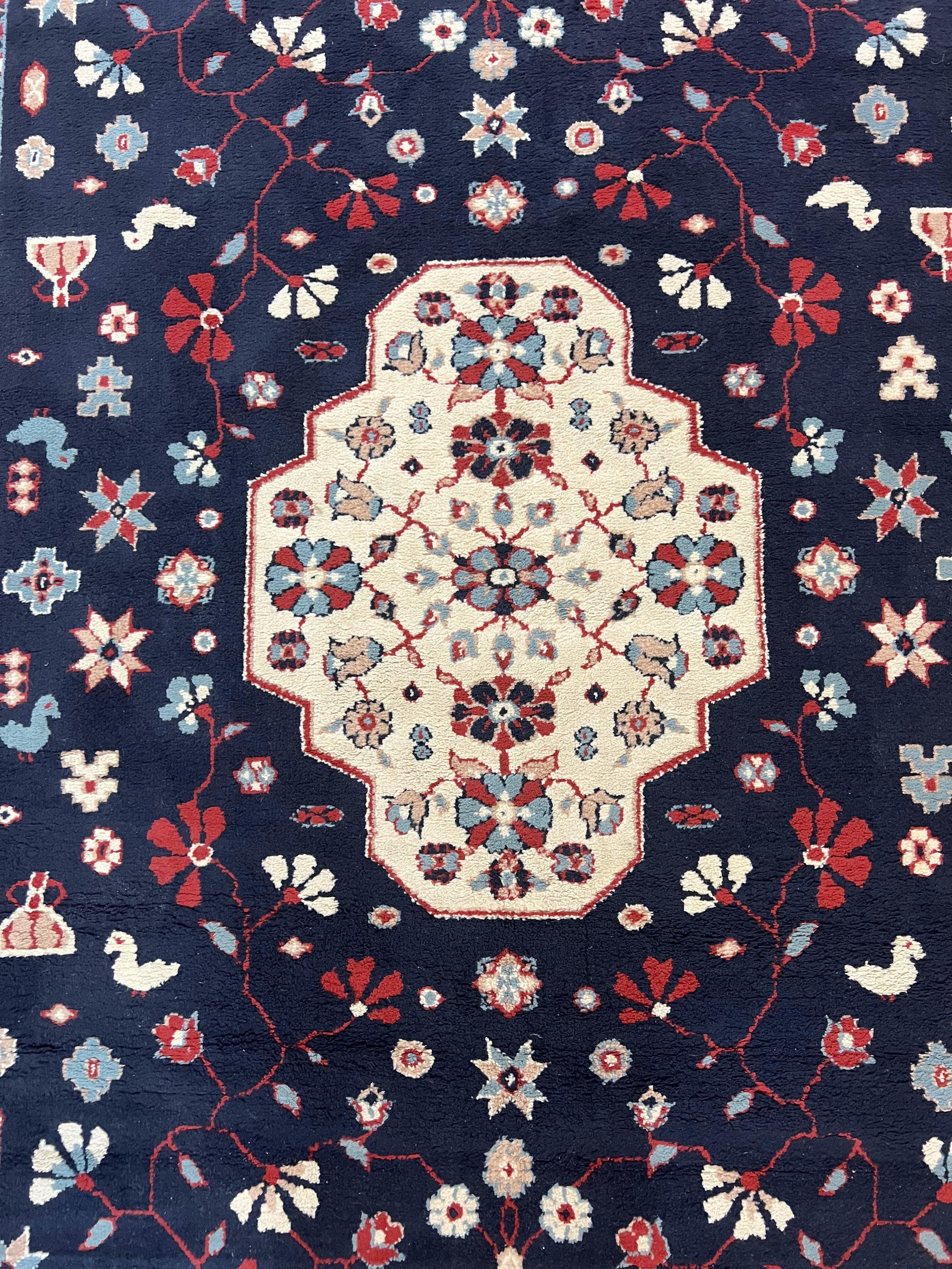 Belgium Power Loomed Rug 5.6 x 7, Navy Blue and Ivory, Heriz Pattern, Vintage Oriental Carpet - Image 4