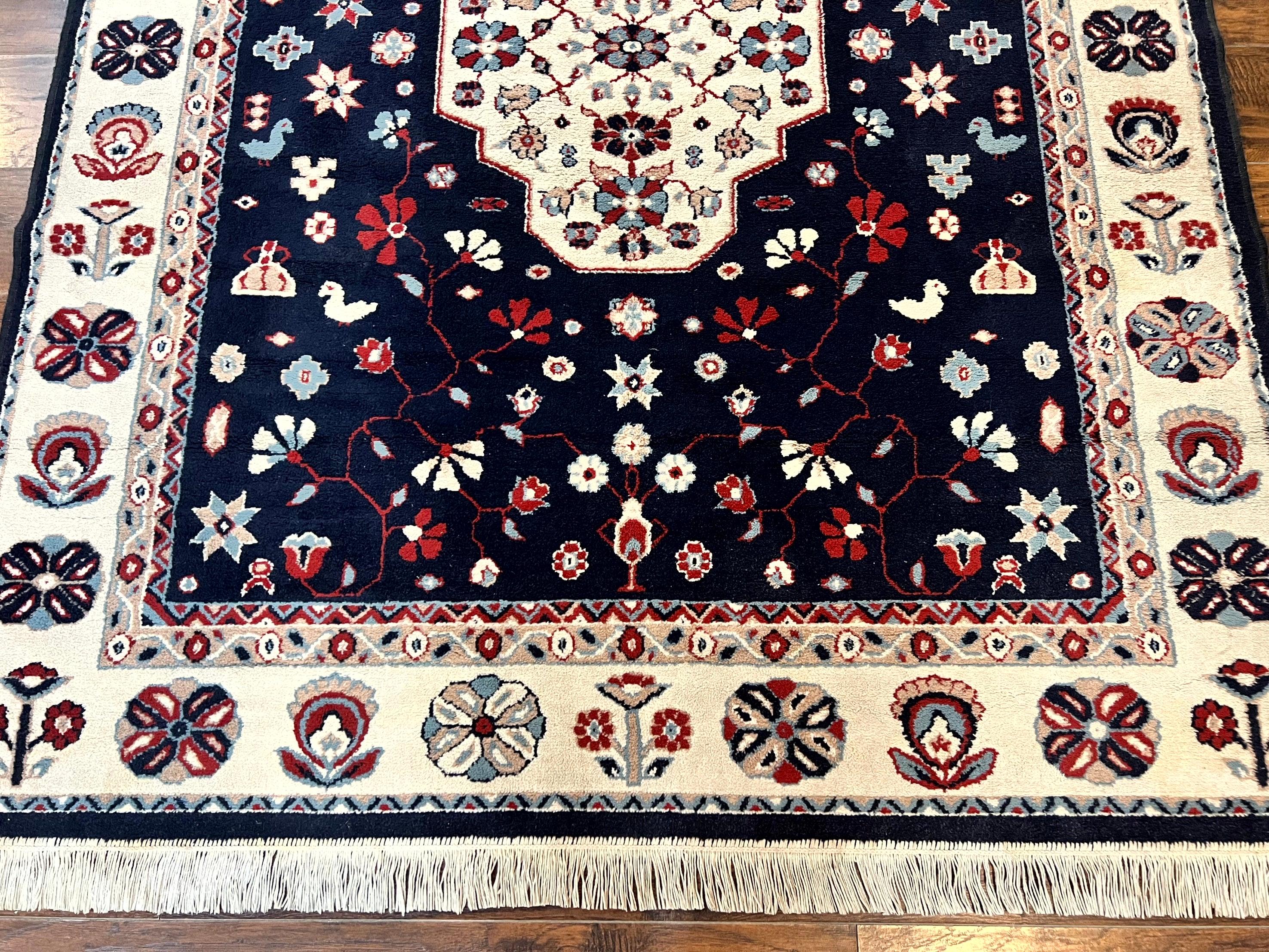 Belgium Power Loomed Rug 5.6 x 7, Navy Blue and Ivory, Heriz Pattern, Vintage Oriental Carpet - Image 5