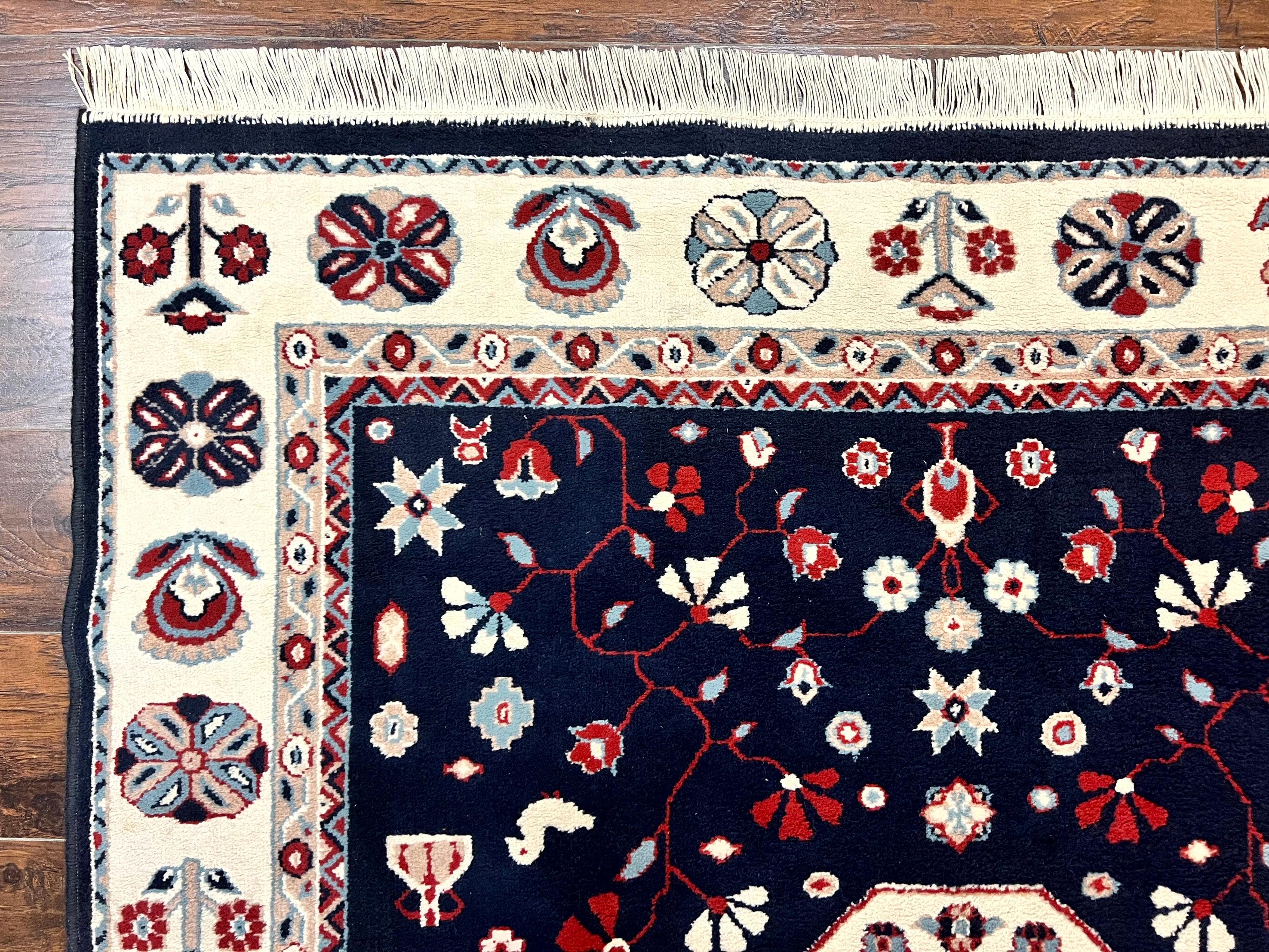Belgium Power Loomed Rug 5.6 x 7, Navy Blue and Ivory, Heriz Pattern, Vintage Oriental Carpet - Image 6