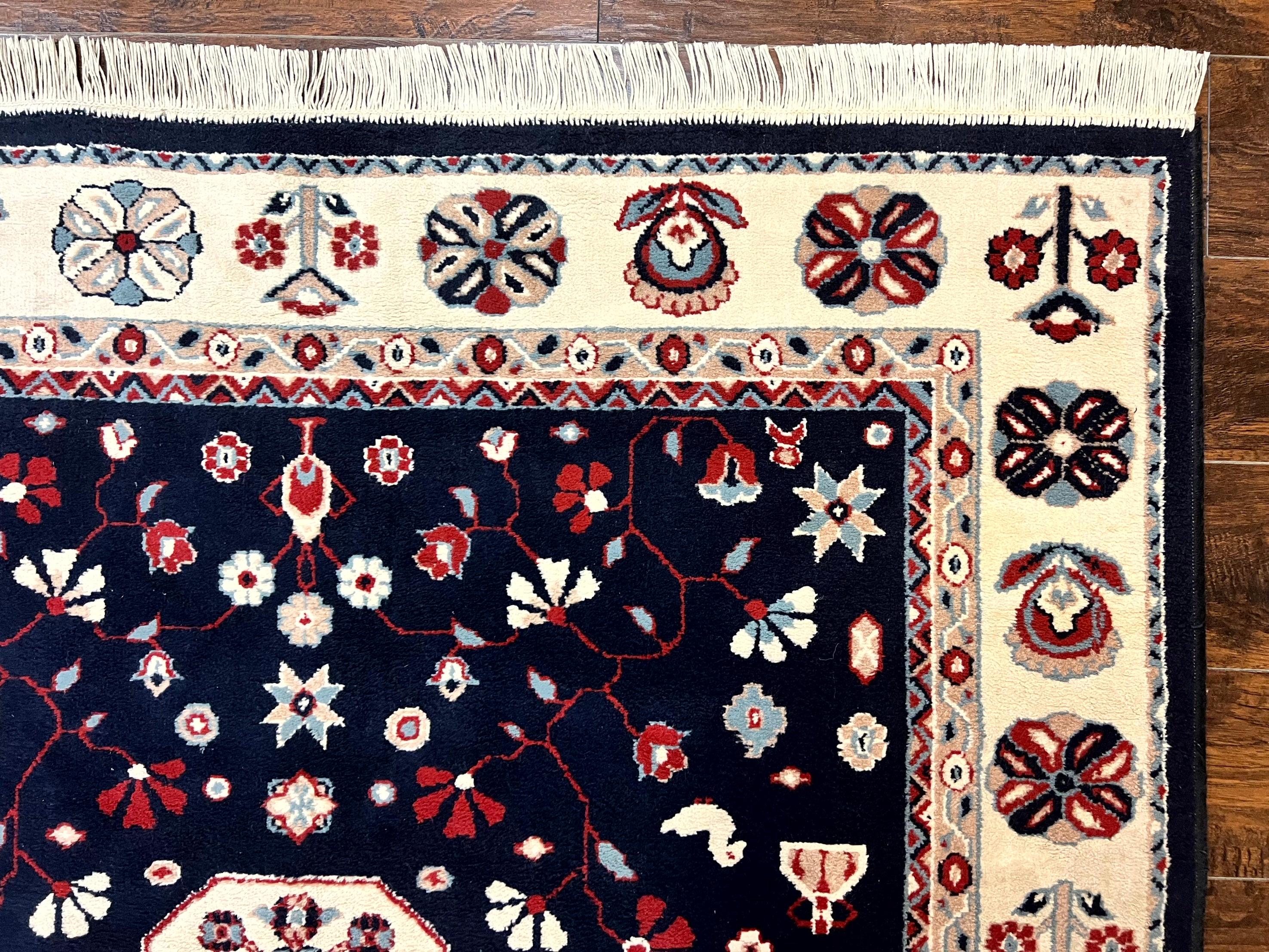 Belgium Power Loomed Rug 5.6 x 7, Navy Blue and Ivory, Heriz Pattern, Vintage Oriental Carpet - Image 7