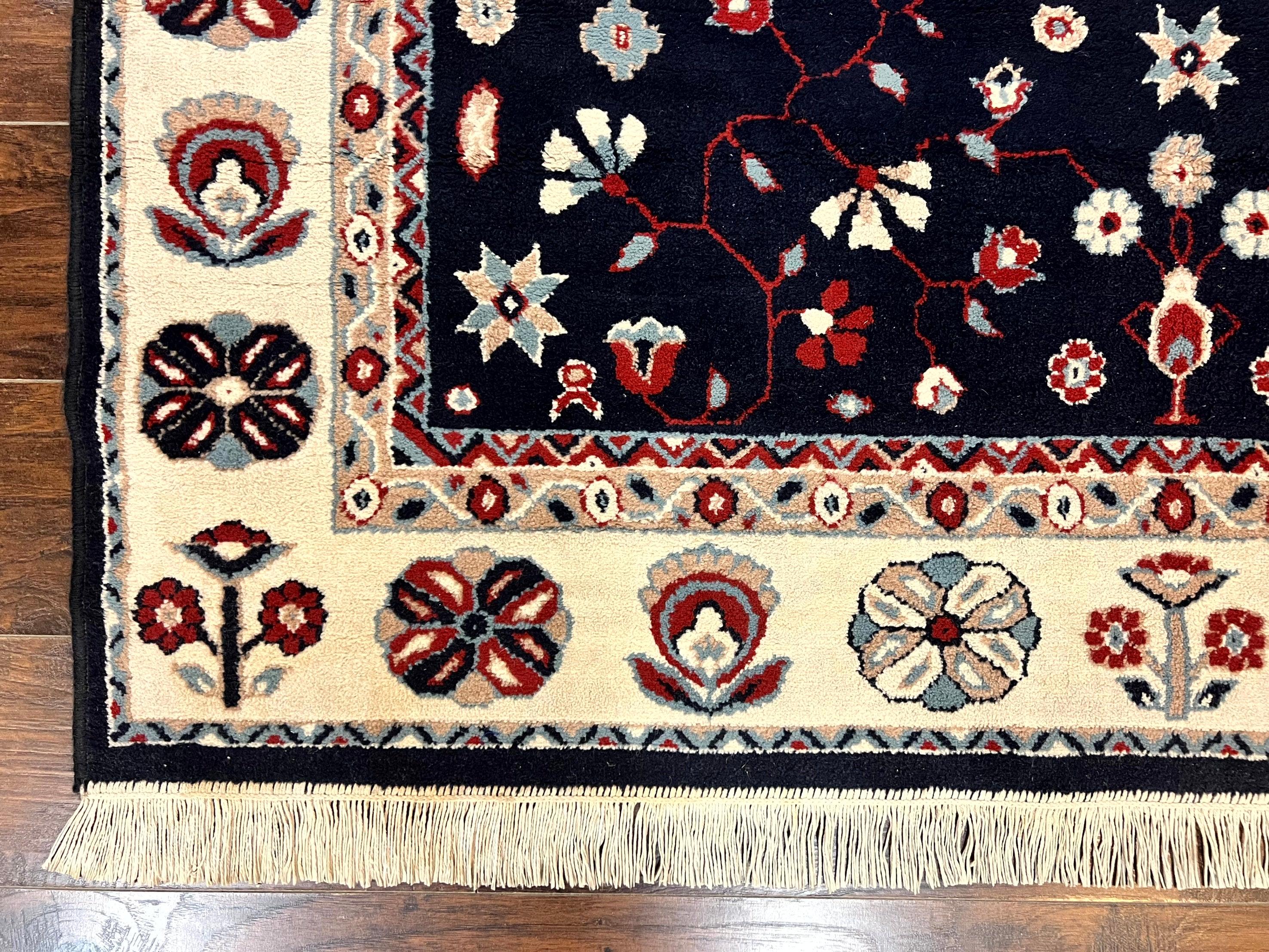 Belgium Power Loomed Rug 5.6 x 7, Navy Blue and Ivory, Heriz Pattern, Vintage Oriental Carpet - Image 8