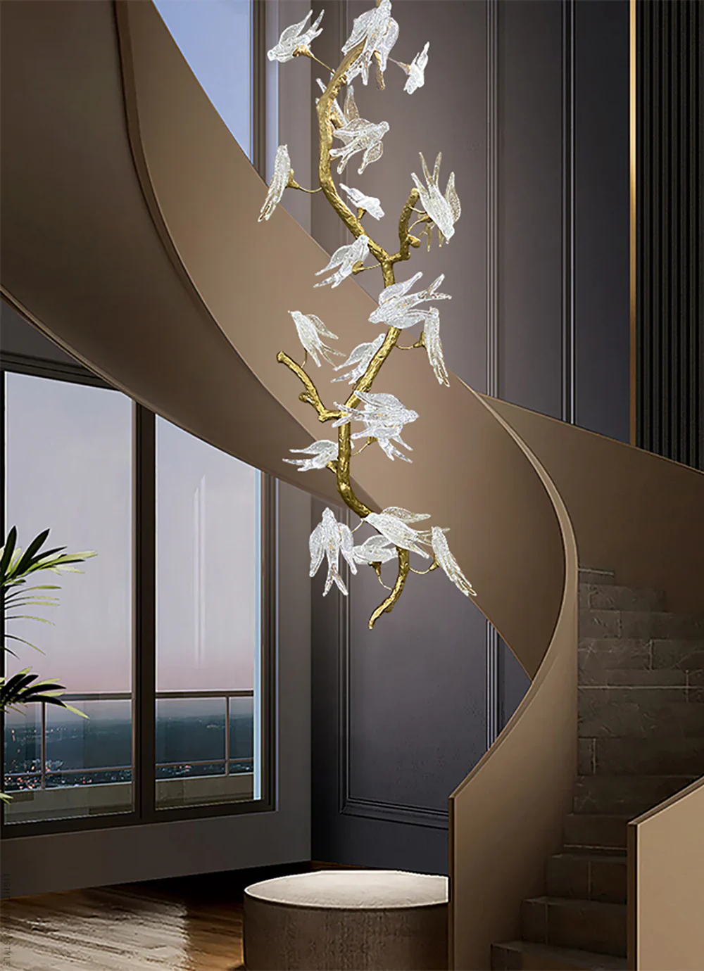 Bird Glass Tree Branch Long Staircase Chandelier - Image 3