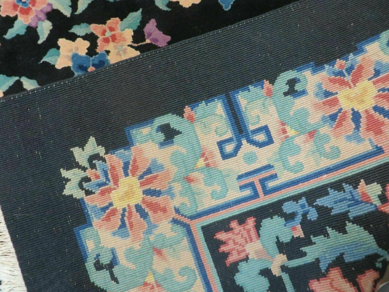 Black Chinese Wool Rug 8x10, Art Deco Floral Carpet, Soft Plush Pile - Image 9