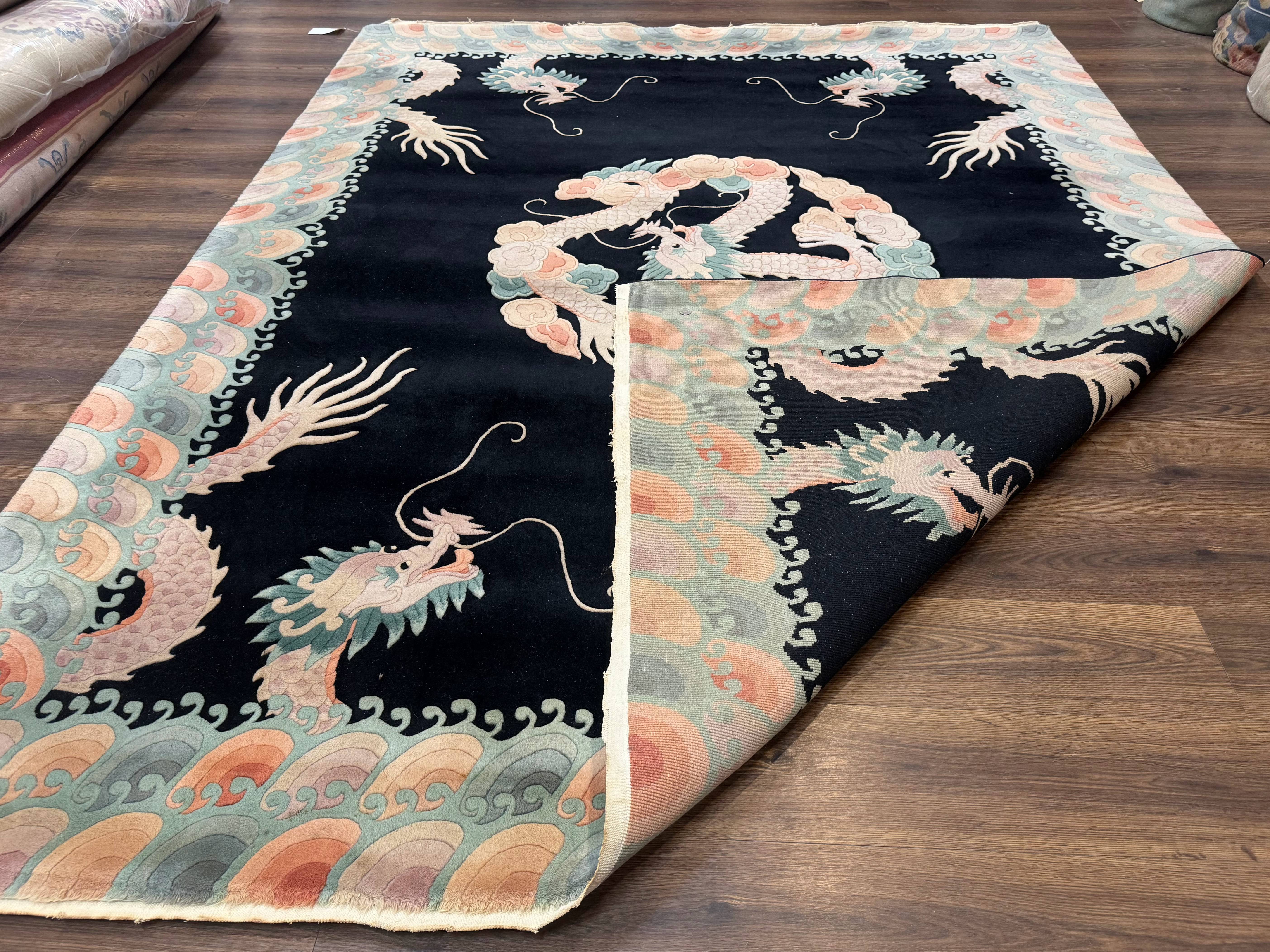 Black Chinese Wool Rug 8x10 with Dragons, Rainbow Borders, Rare - Image 11