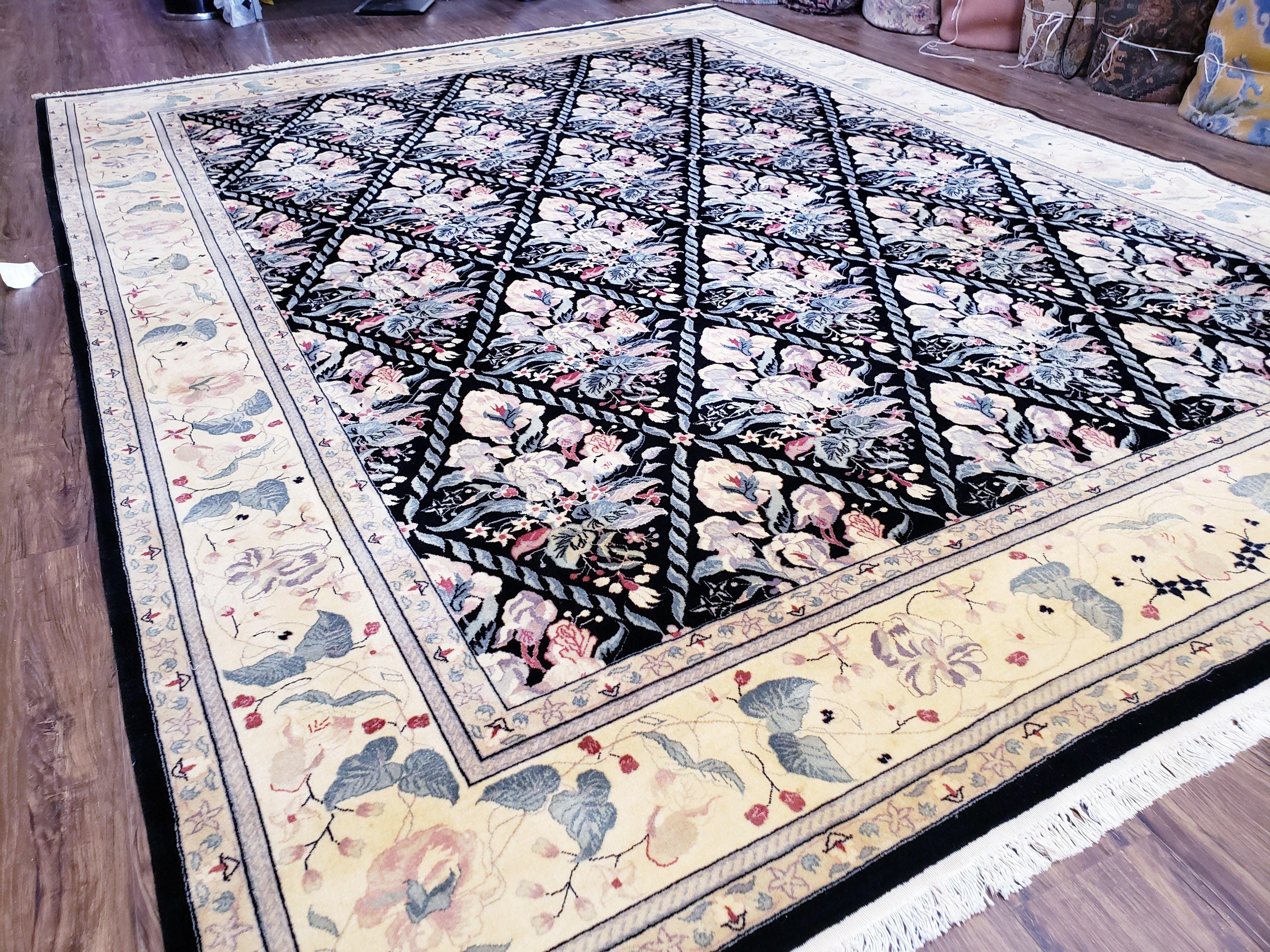 Sino-Persian Kirman Rug 9x12 Floral Handmade Wool Carpet Black & Ivory Vintage - Image 11