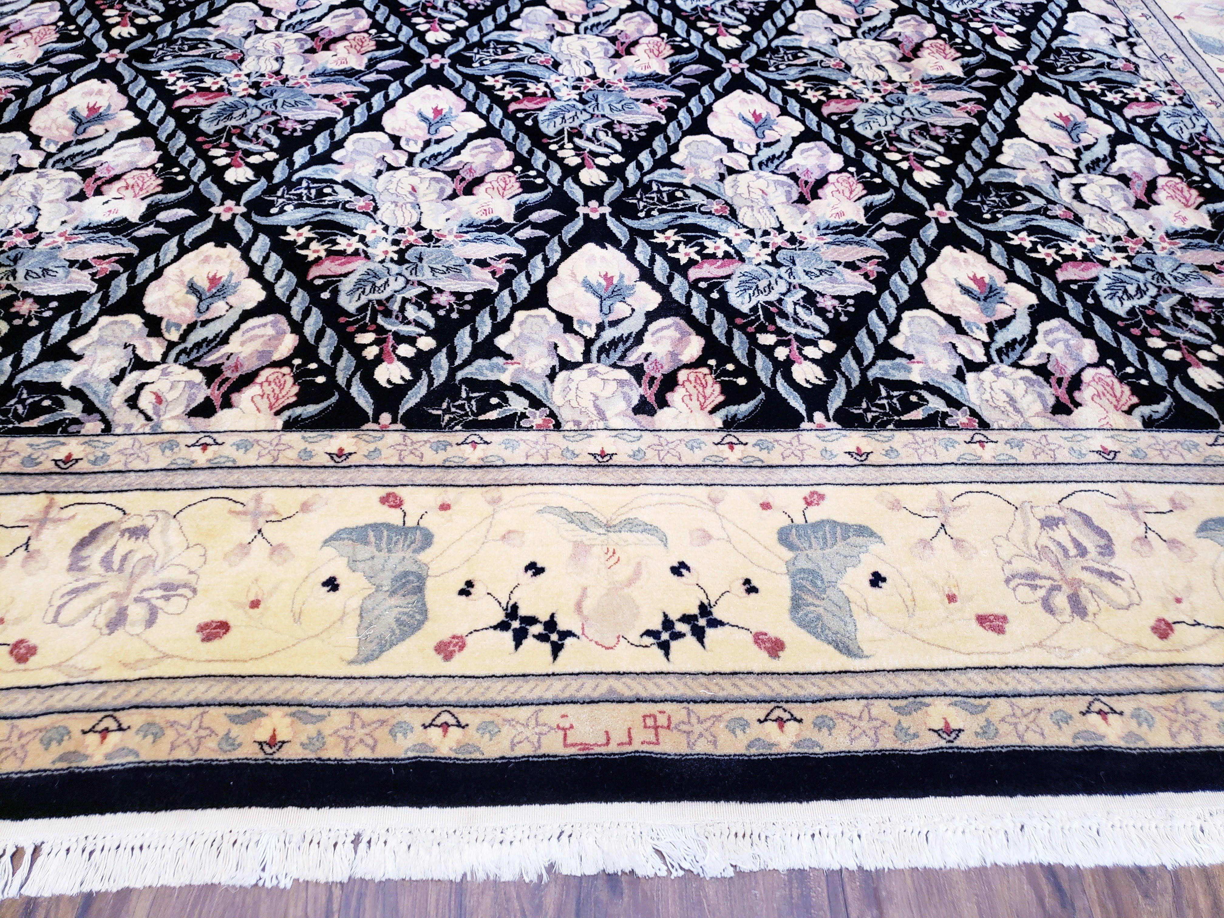 Sino-Persian Kirman Rug 9x12 Floral Handmade Wool Carpet Black & Ivory Vintage - Image 12