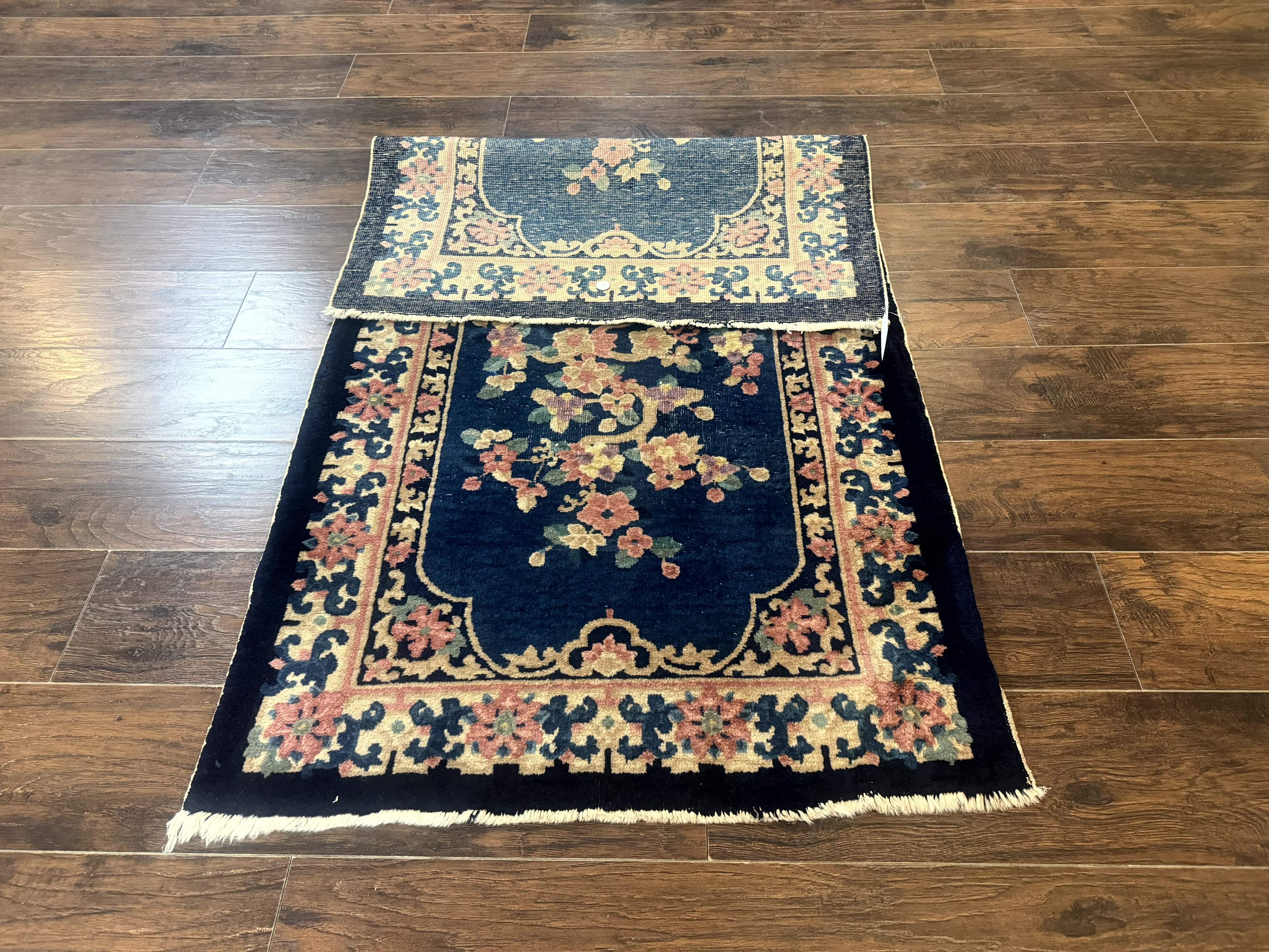 Blue and Beige Chinese Wool Rug 3x6, Chinese Fete Rug, Peking Rug, Antique Chinese Carpet - Image 11