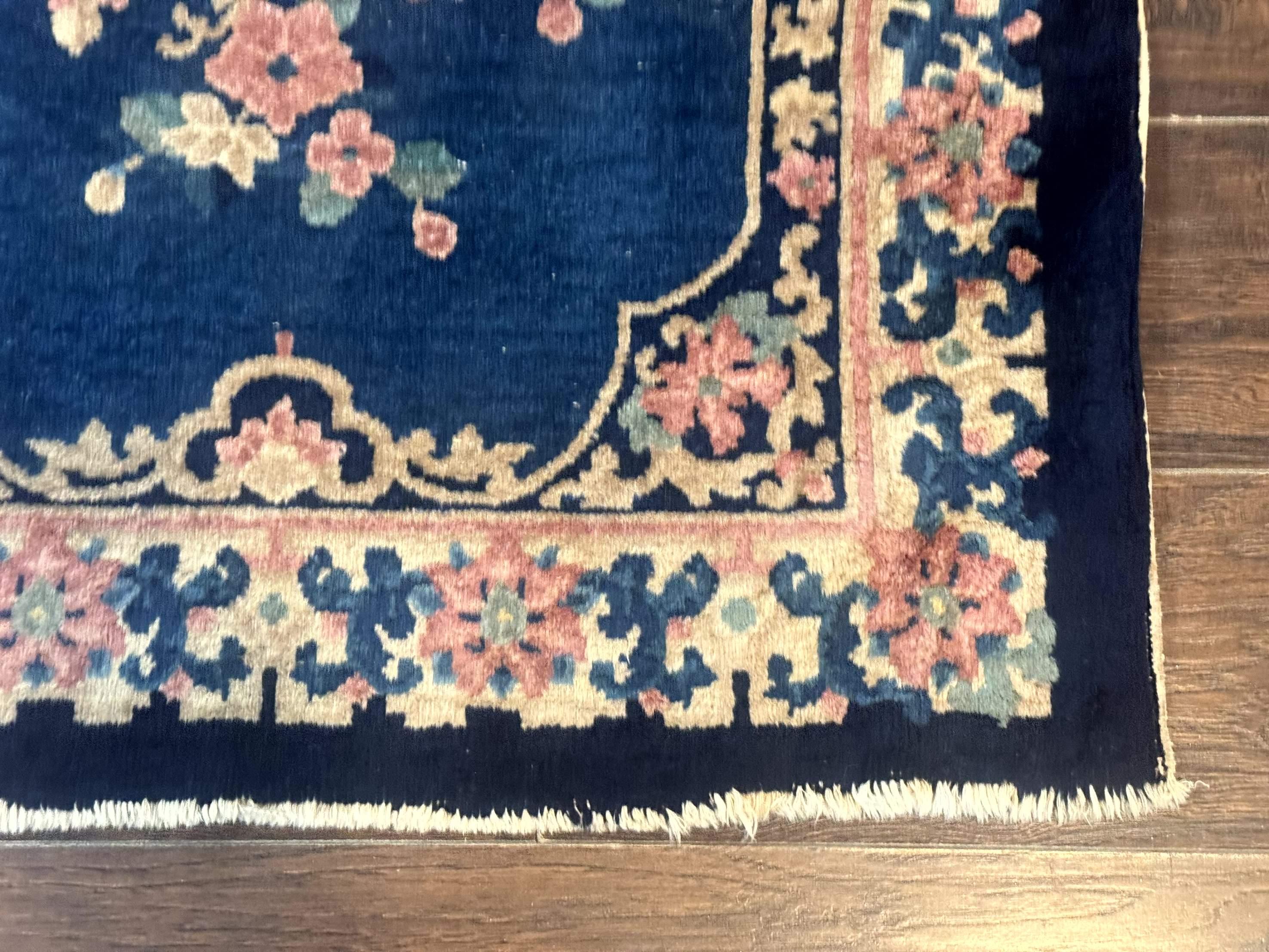 Blue and Beige Chinese Wool Rug 3x6, Chinese Fete Rug, Peking Rug, Antique Chinese Carpet - Image 9