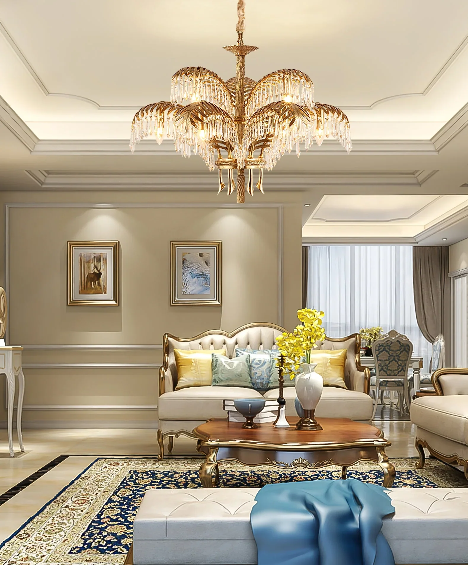 Brass Palm Leaf Crystal Chandelier - Image 10