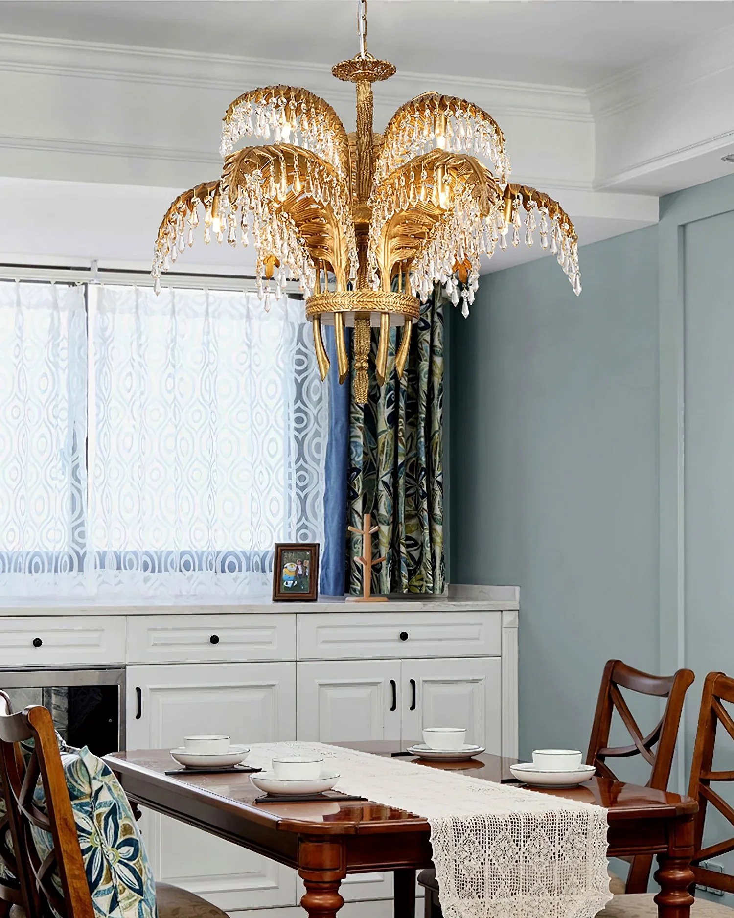Brass Palm Leaf Crystal Chandelier - Image 11