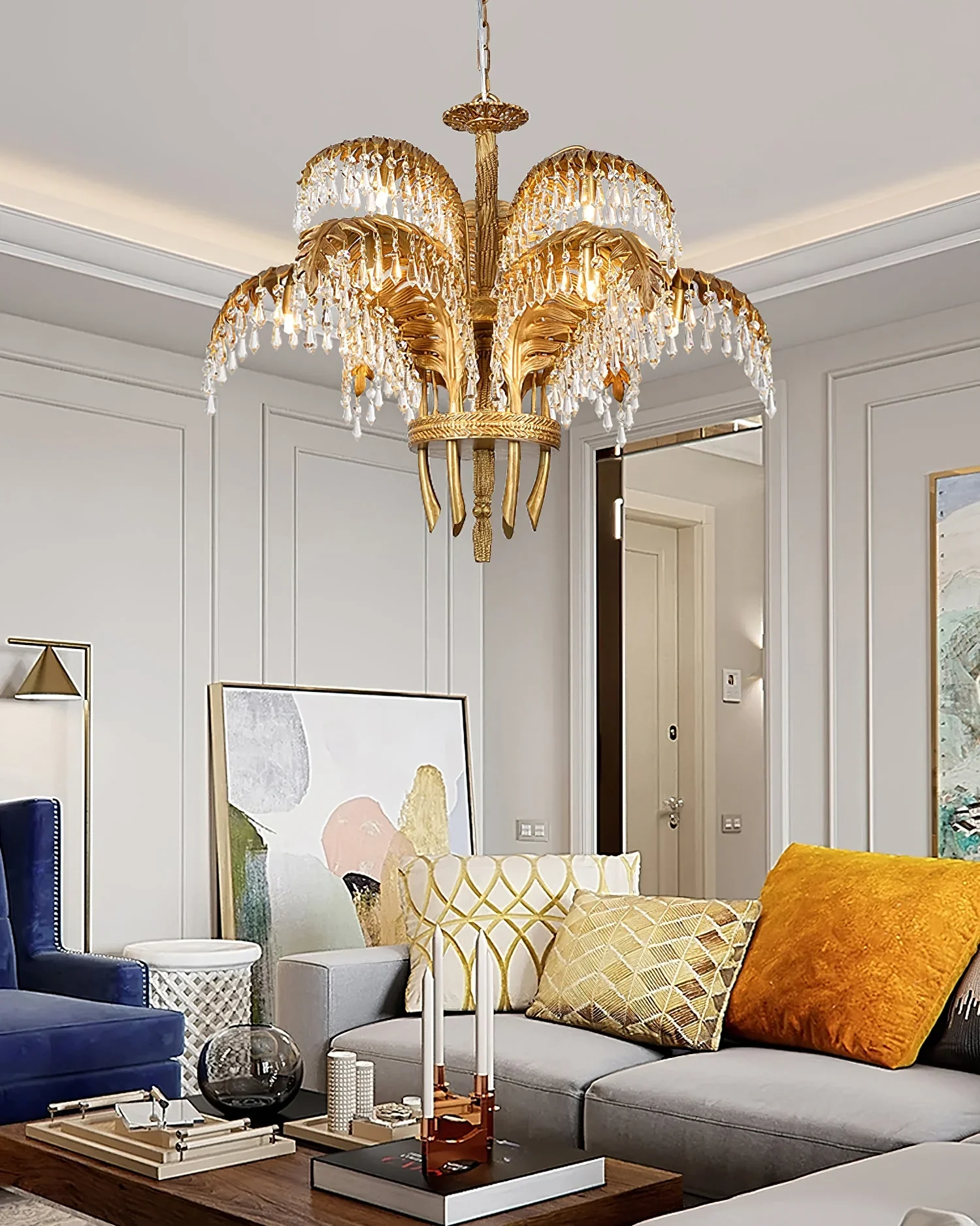 Brass Palm Leaf Crystal Chandelier - Image 13