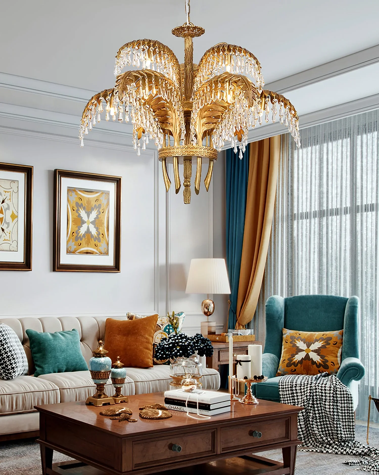 Brass Palm Leaf Crystal Chandelier - Image 14