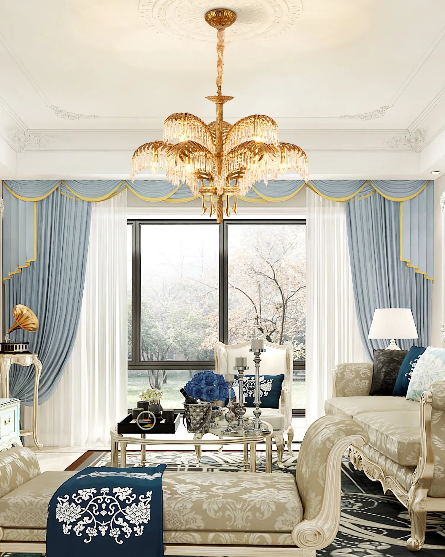 Brass Palm Leaf Crystal Chandelier - Image 16