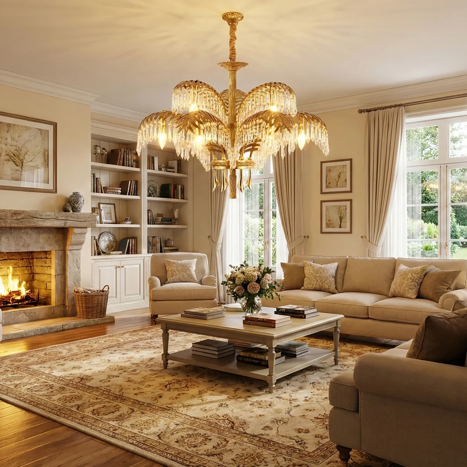 Brass Palm Leaf Crystal Chandelier - Image 2