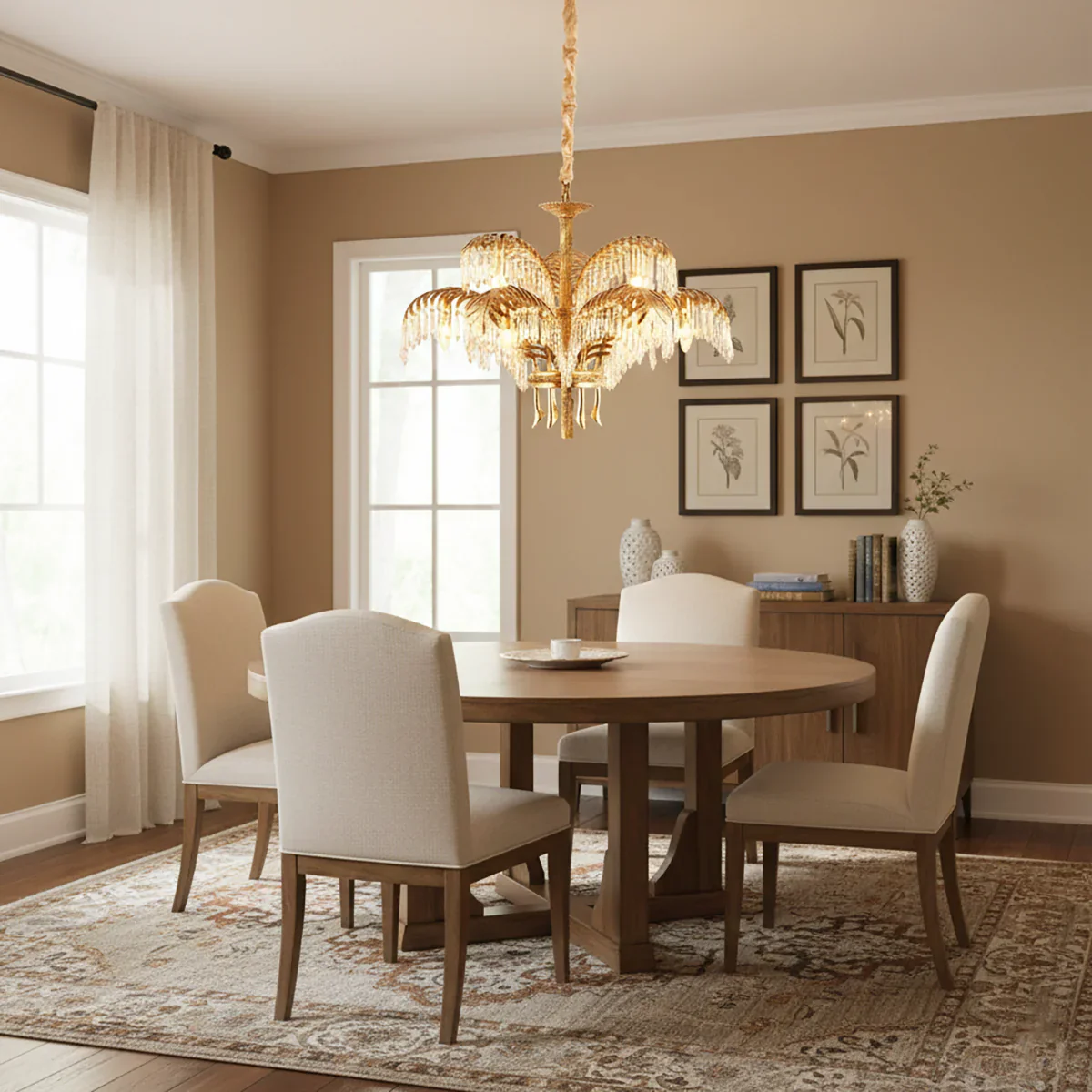 Brass Palm Leaf Crystal Chandelier - Image 4