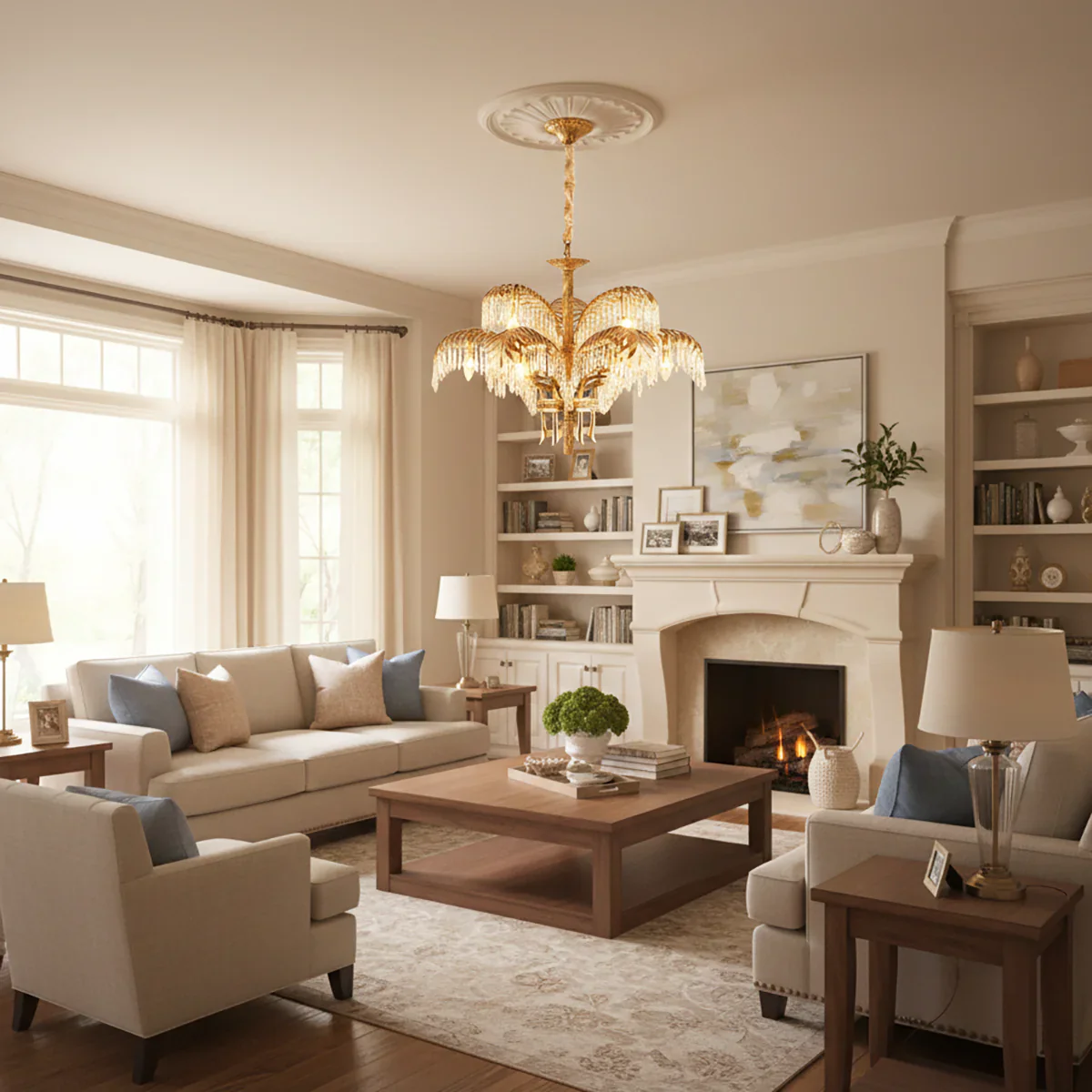 Brass Palm Leaf Crystal Chandelier - Image 5