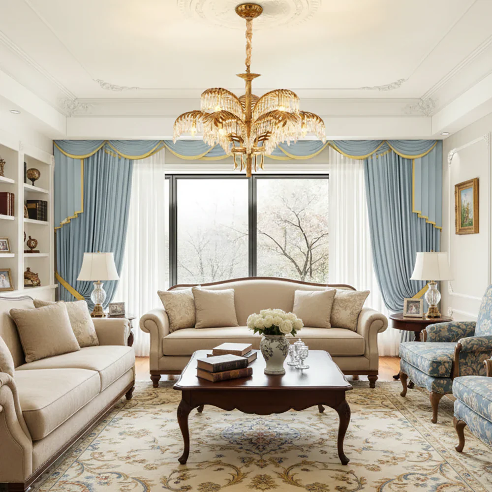 Brass Palm Leaf Crystal Chandelier - Image 6