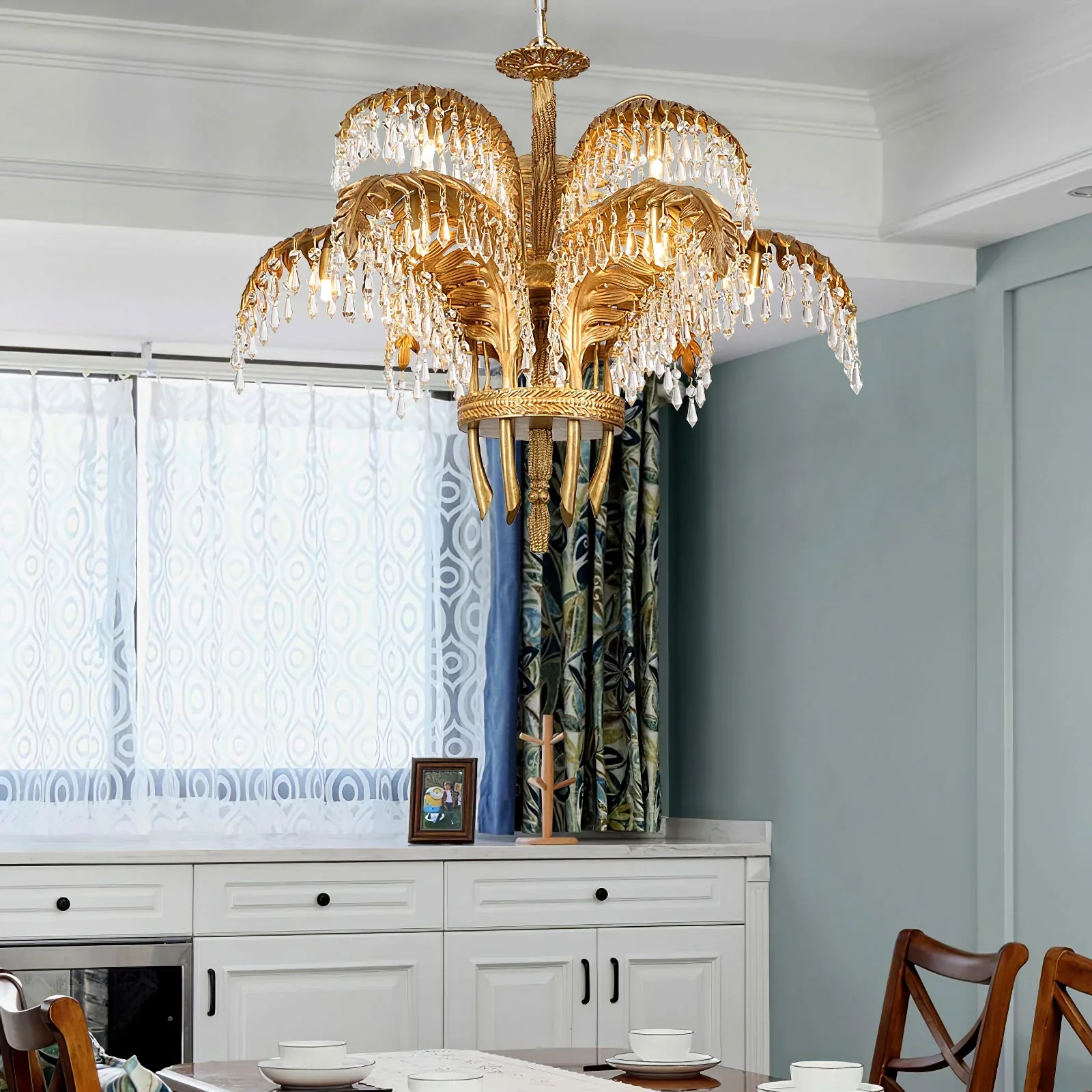 Brass Palm Leaf Crystal Chandelier - Image 7