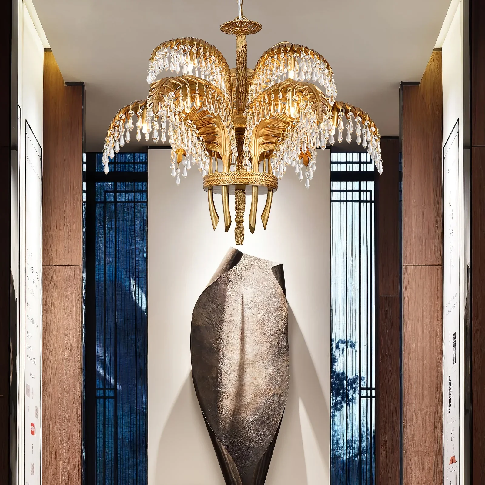 Brass Palm Leaf Crystal Chandelier - Image 8