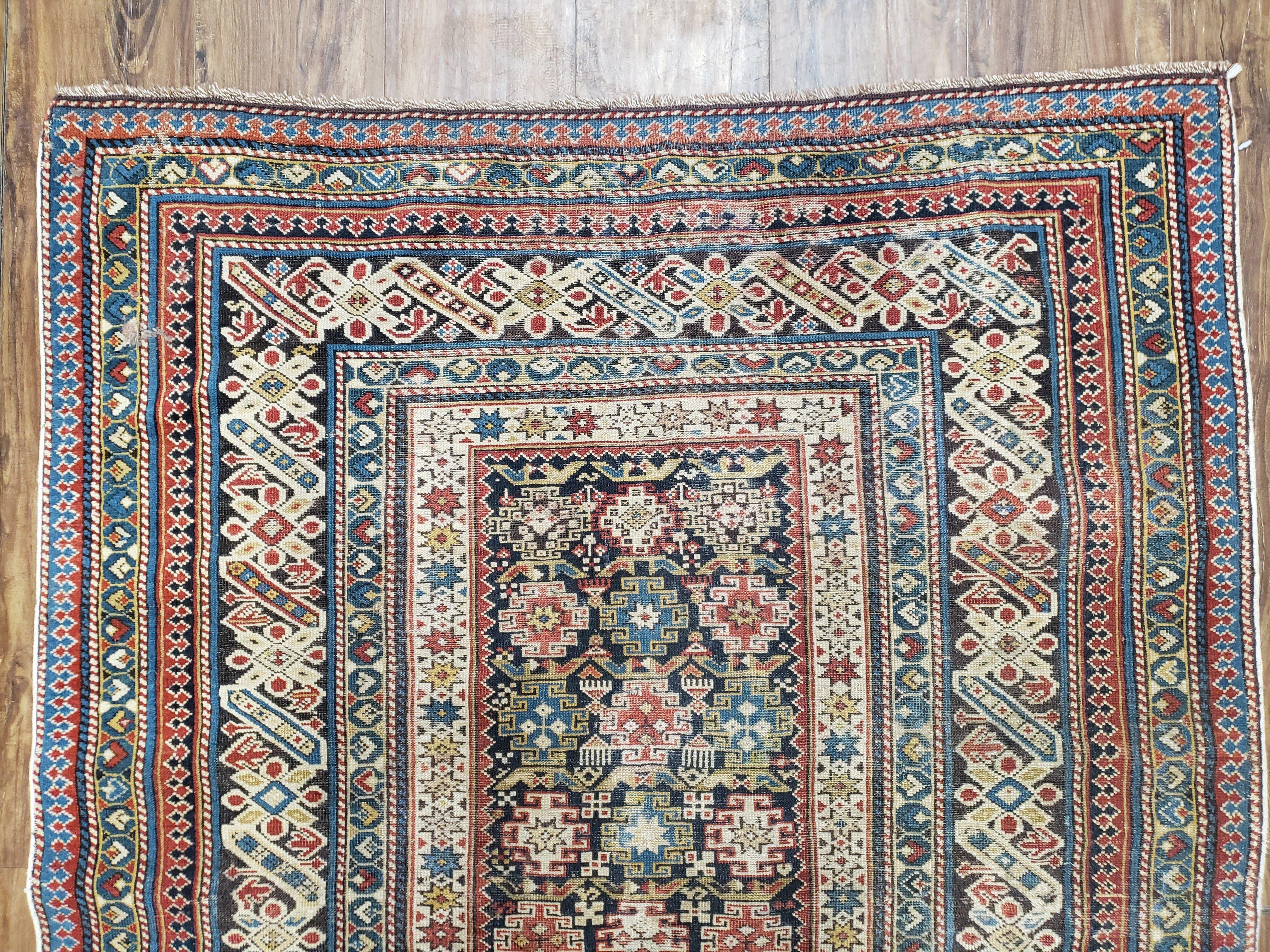 Caucasian Rug 3'9" x 5'7", Antique 1920s Collectible Caucasian Chi Chi Carpet, Hand Knotted, Colorful, Dark Blue Cream Red, Wool, Small Rug - Image 3