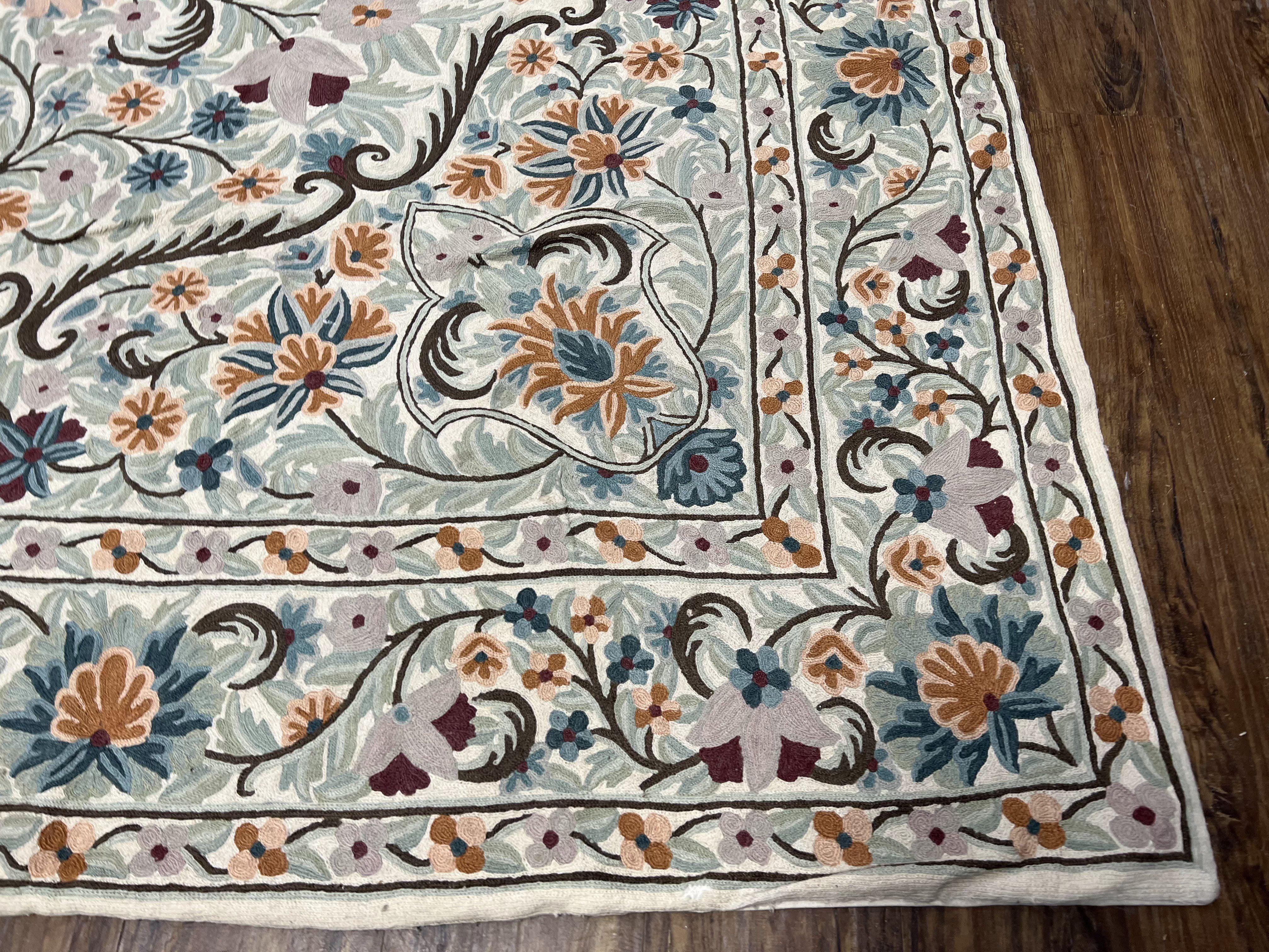 Chain Stitched Rug 9x12 Vintage Carpet 9 x 12 Flatweave Rug, Ivory Teal Rug, Area Rug 9 by 12, Hand Stitched Rug, Medallion, Indian Rug - Image 9