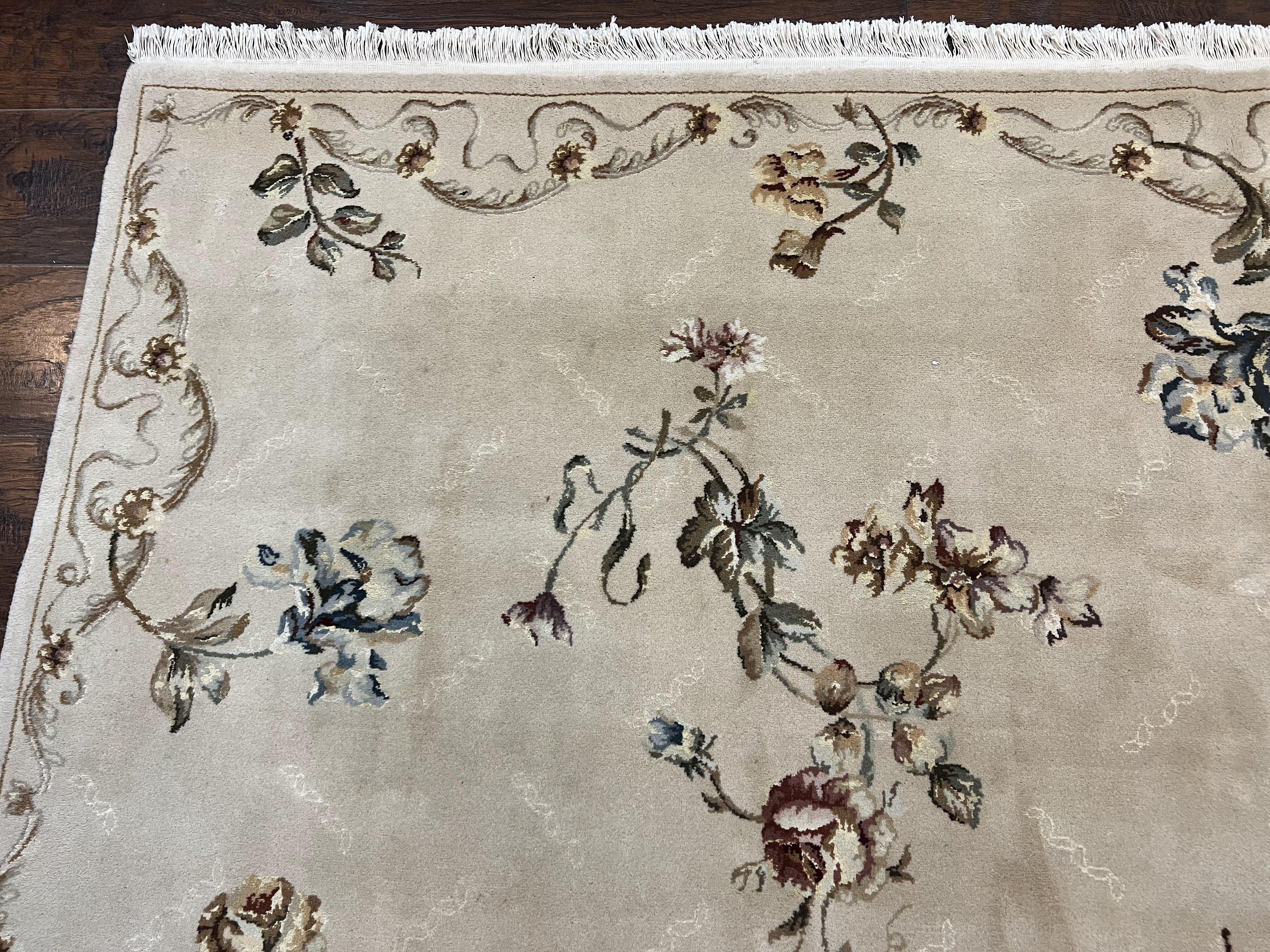 Chinese 120 Line Rug 8x10, Chinese Aubusson Wool & Silk Highlights Handmade Vintage Carpet, Beige Fine Weave Rug, Floral European Design - Image 6