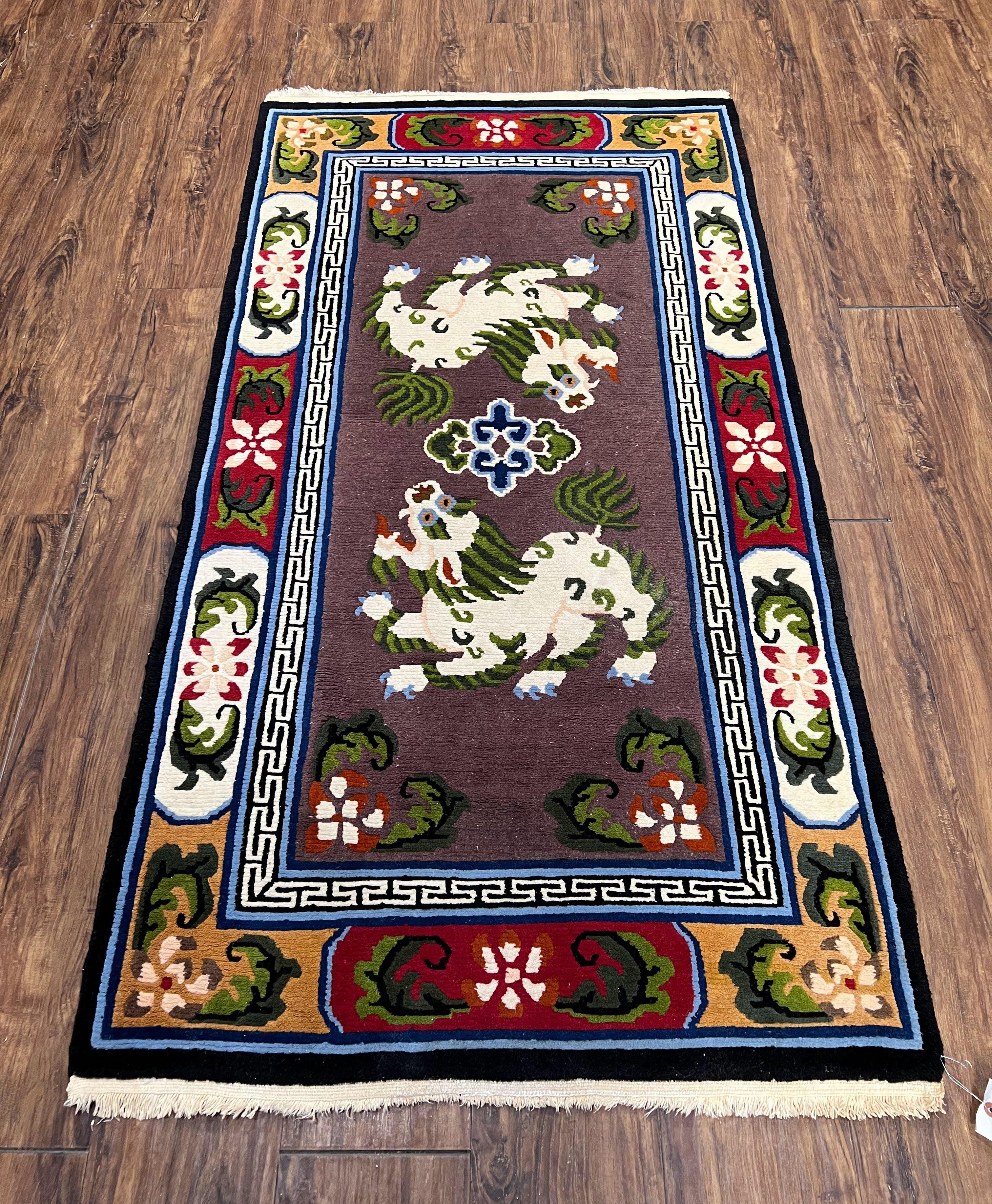 Chinese Art Deco Rug 3 x 5.5 with Animal Pictorials, Vintage Chinese Peking Wool Area Rug, Dark Puce Maroon Ivory, Hand Knotted Soft Carpet
