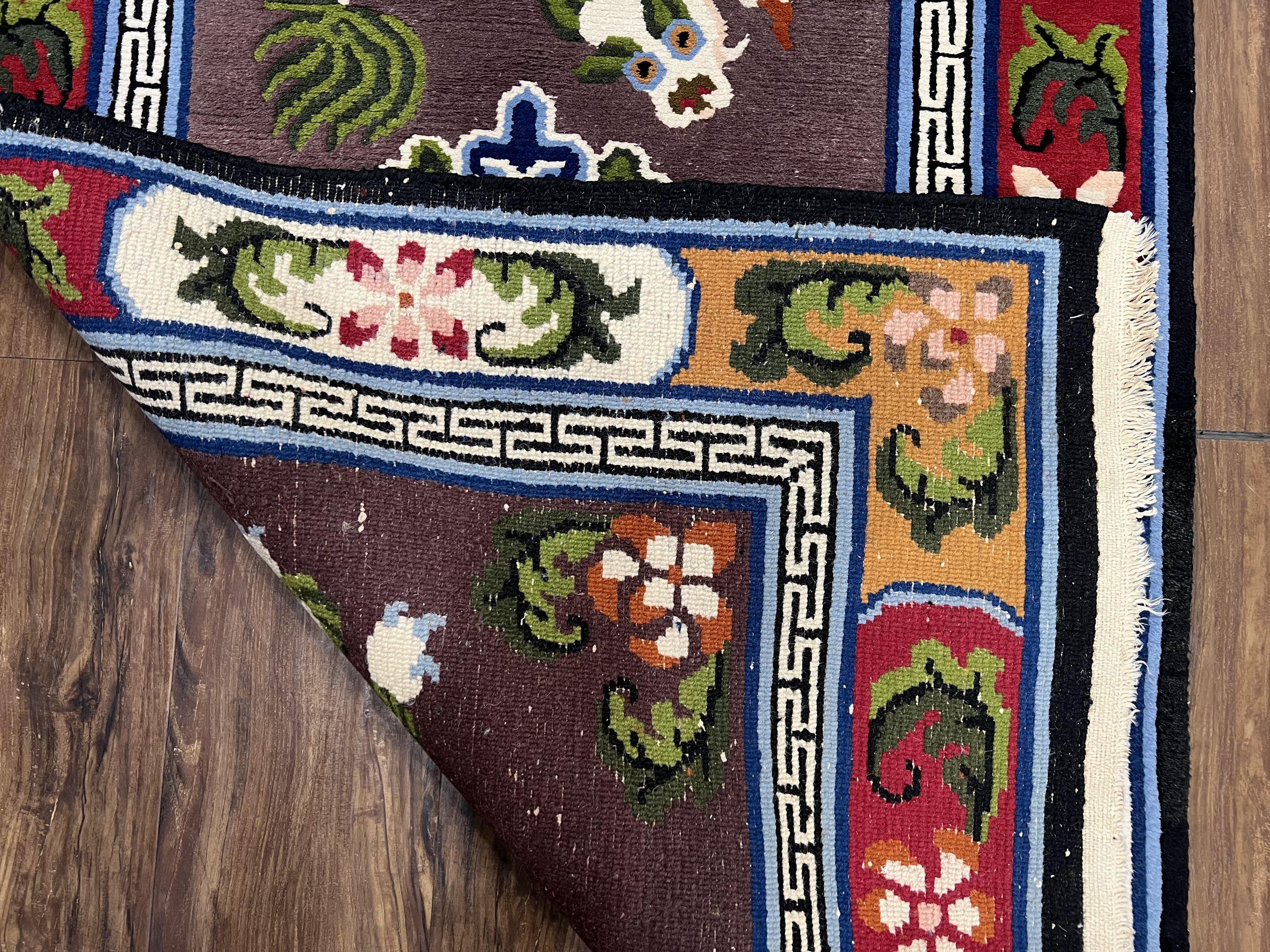 Chinese Art Deco Rug 3 x 5.5 with Animal Pictorials, Vintage Chinese Peking Wool Area Rug, Dark Puce Maroon Ivory, Hand Knotted Soft Carpet - Image 10