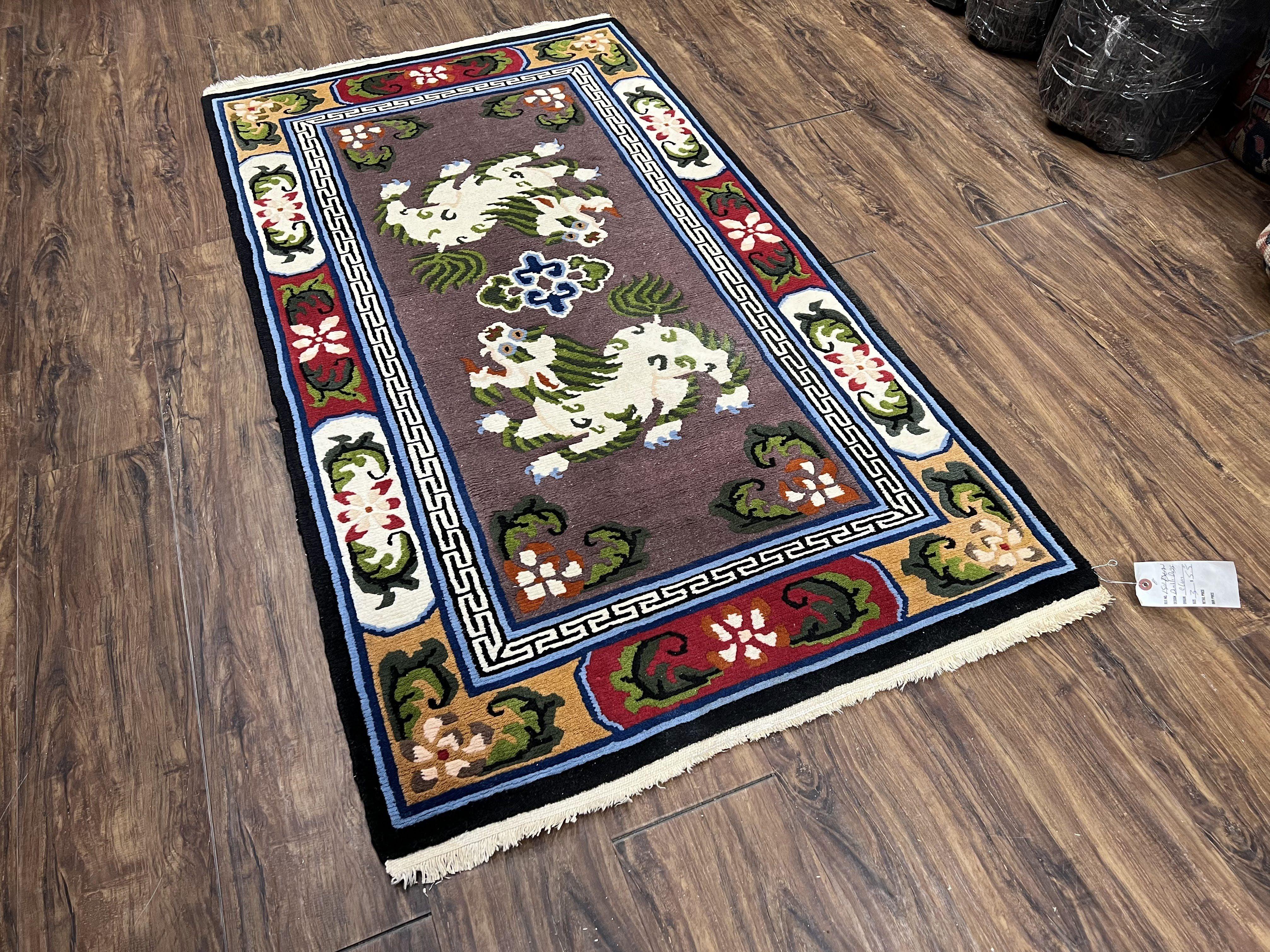 Chinese Art Deco Rug 3 x 5.5 with Animal Pictorials, Vintage Chinese Peking Wool Area Rug, Dark Puce Maroon Ivory, Hand Knotted Soft Carpet - Image 11