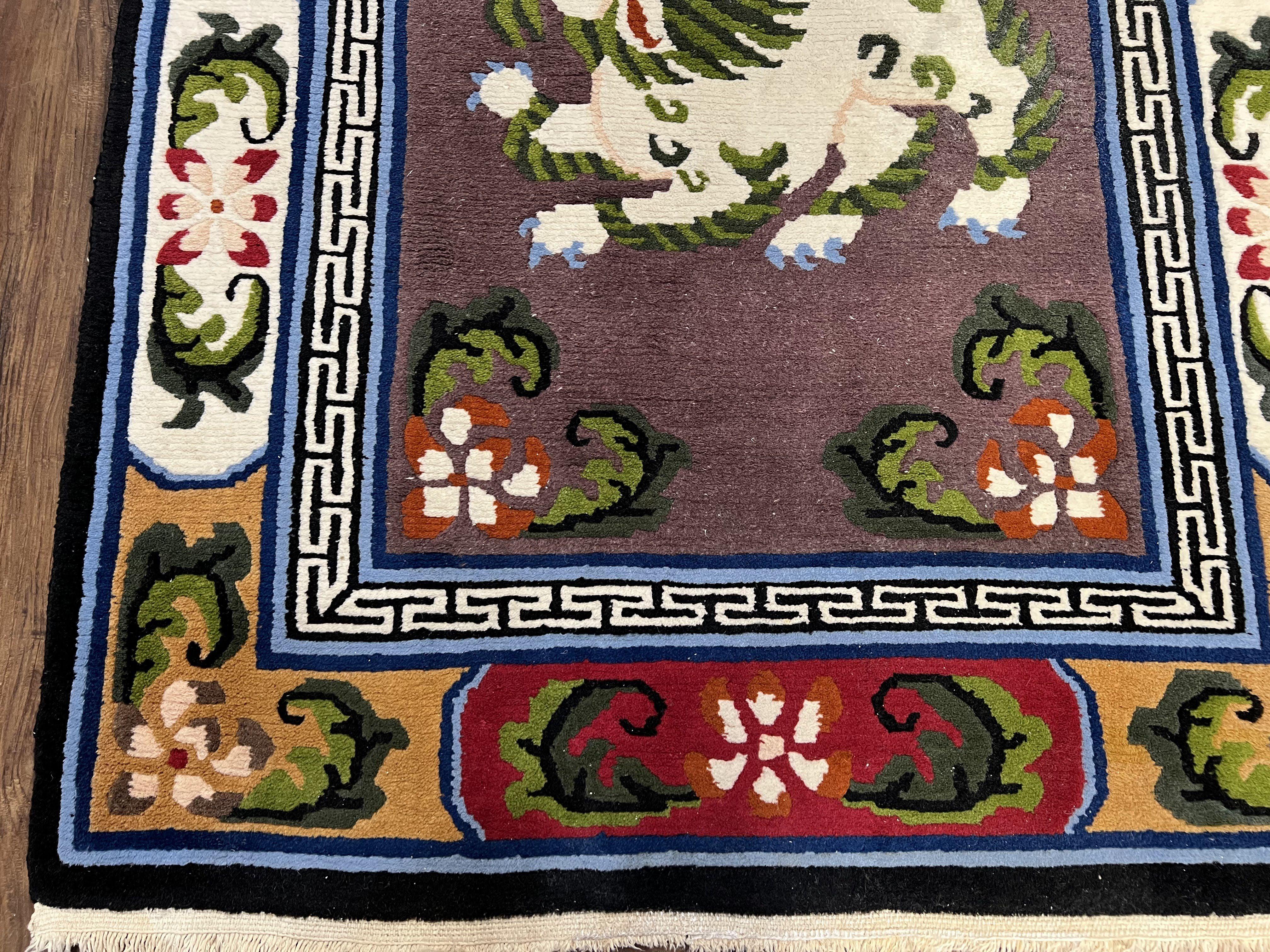 Chinese Art Deco Rug 3 x 5.5 with Animal Pictorials, Vintage Chinese Peking Wool Area Rug, Dark Puce Maroon Ivory, Hand Knotted Soft Carpet - Image 12