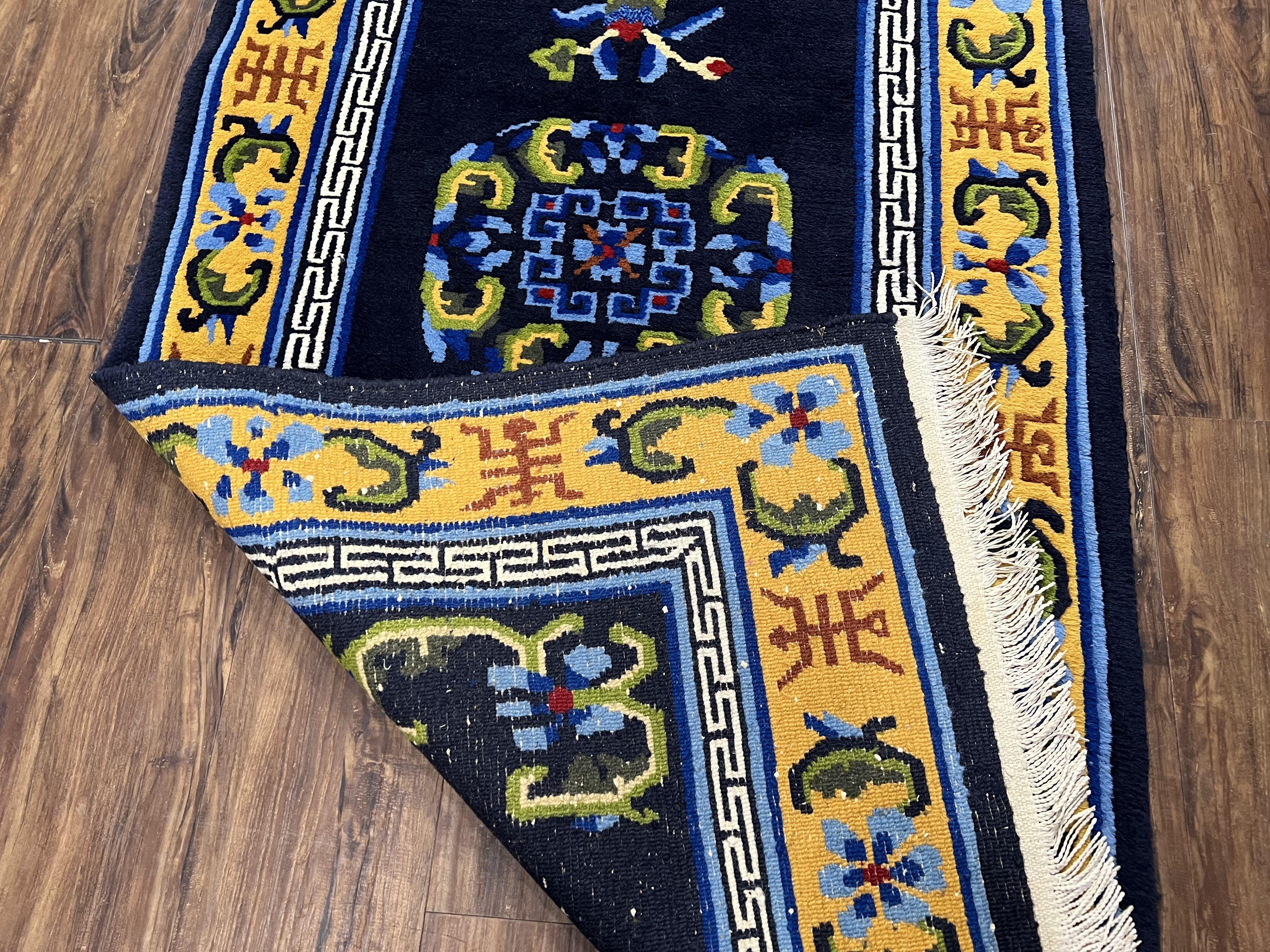 Chinese Art Deco Rug 3 x 5.9, Handmade Chinese Peking Carpet, Dark Blue and Gold, Medallion, Asian Oriental 3x6 Hand Knotted Vintage Rug - Image 10