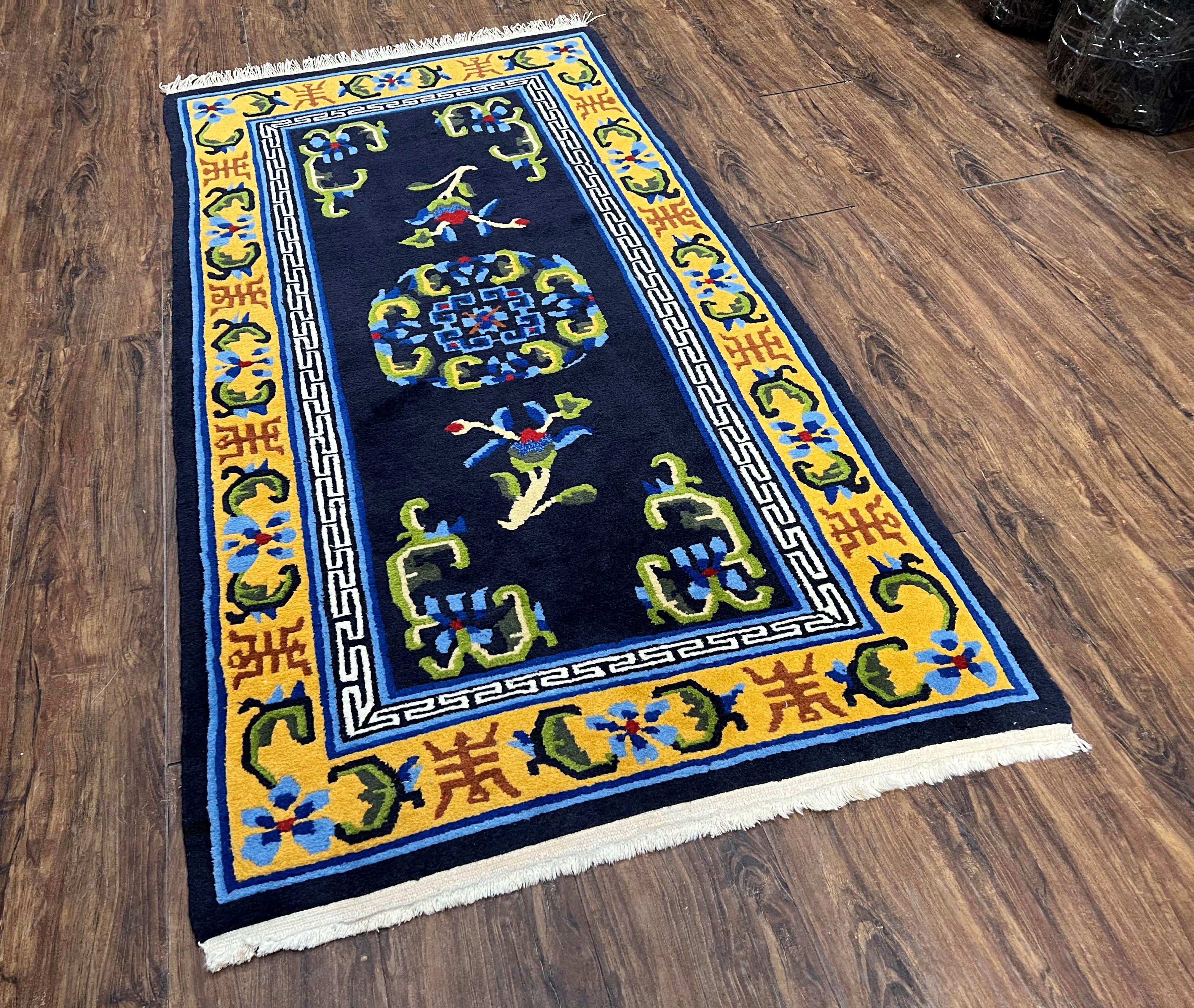 Chinese Art Deco Rug 3 x 5.9, Handmade Chinese Peking Carpet, Dark Blue and Gold, Medallion, Asian Oriental 3x6 Hand Knotted Vintage Rug - Image 11