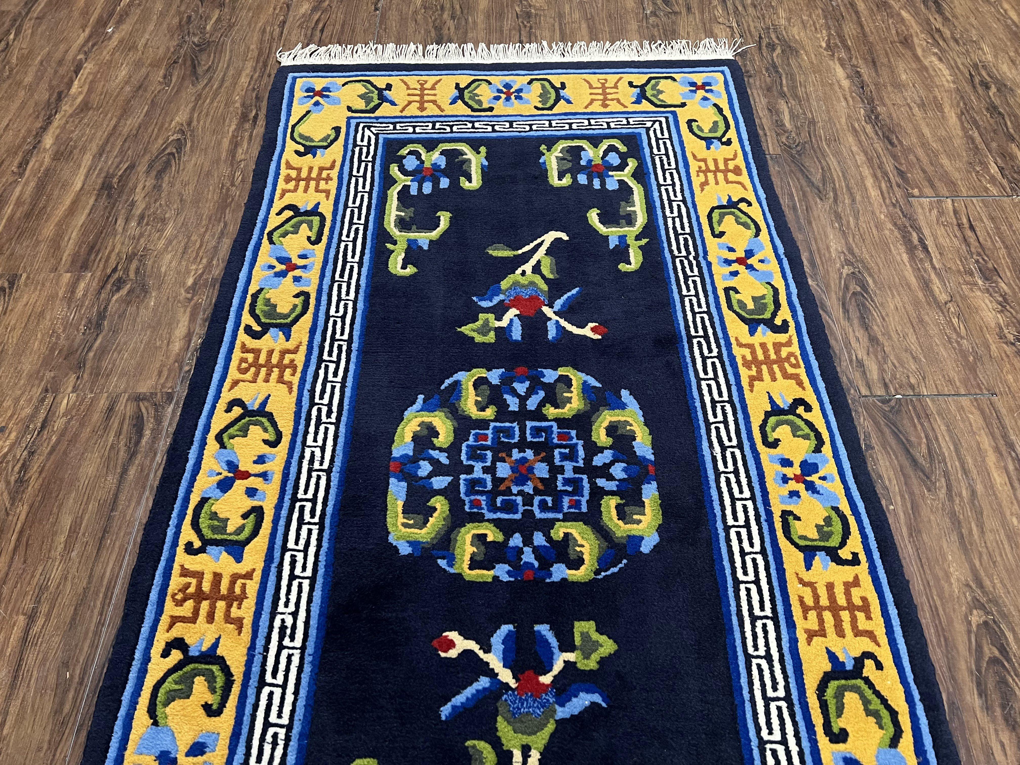 Chinese Art Deco Rug 3 x 5.9, Handmade Chinese Peking Carpet, Dark Blue and Gold, Medallion, Asian Oriental 3x6 Hand Knotted Vintage Rug - Image 12