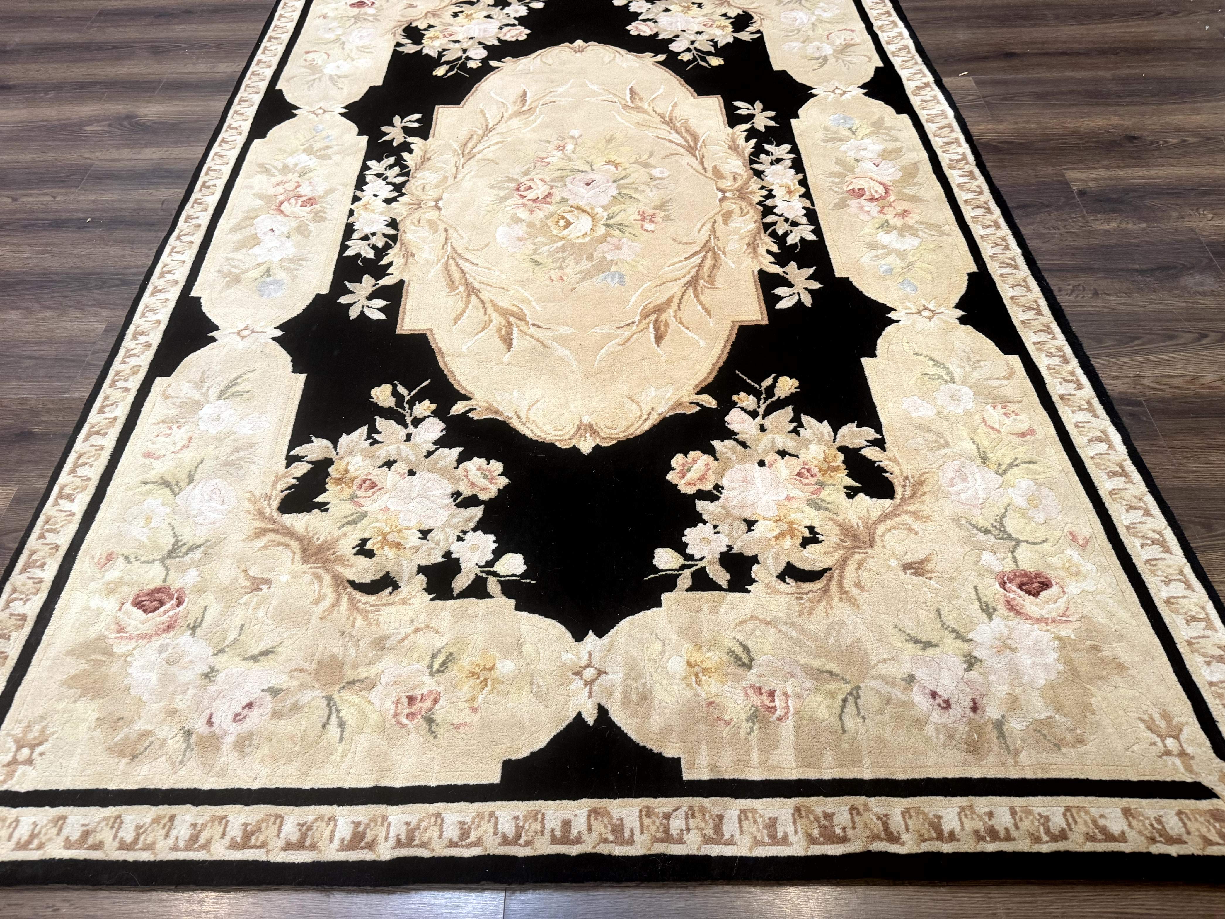 Chinese Aubusson Rug 6x9, Wool Pile, Black, Floral, Elegant - Image 5