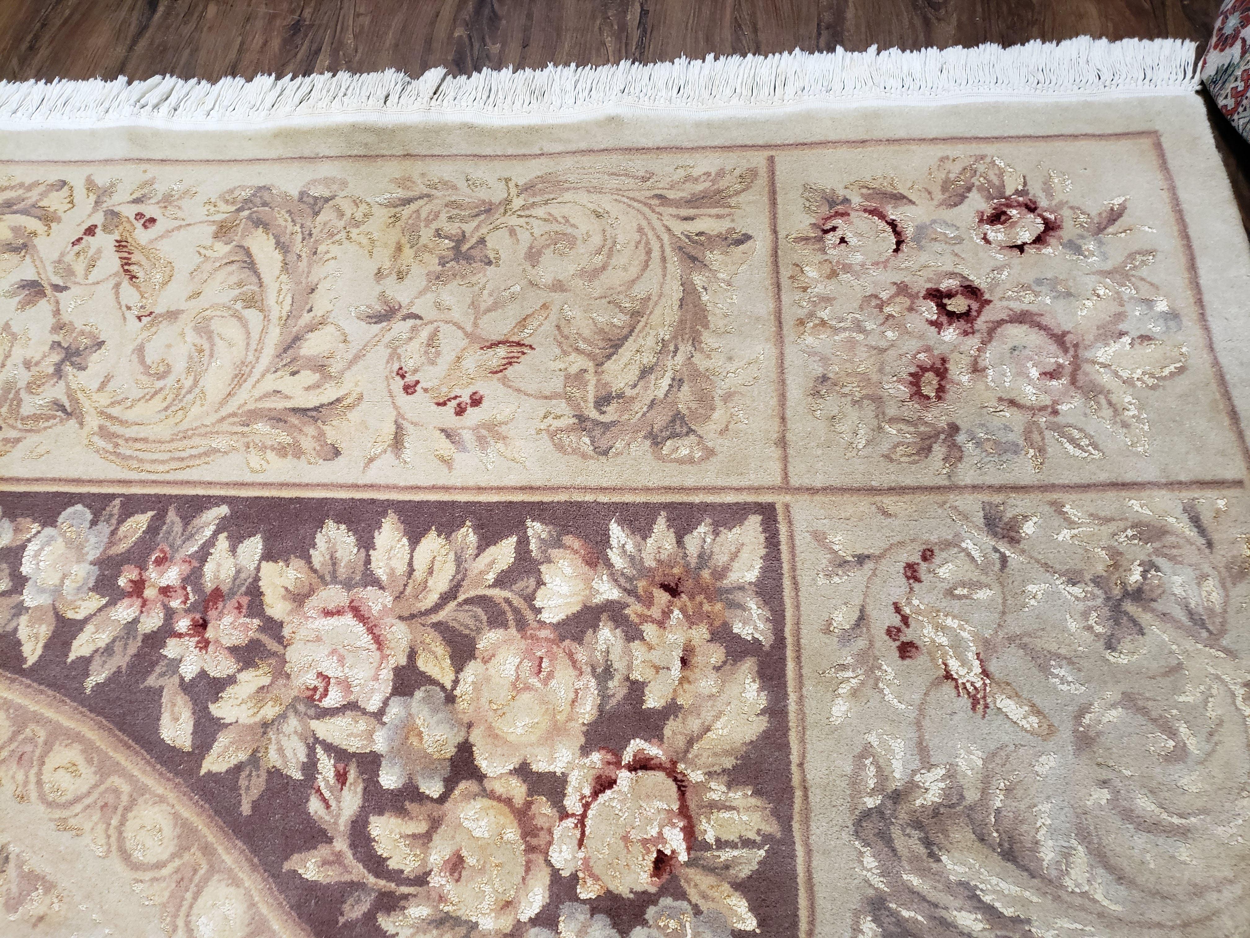 Chinese Aubusson Savonnerie Area Rug 8x12, Vintage 120 Line Carpet, Wool and Silk Hand-Knotted, Birds Flowers Master Weaver Signature - Image 7