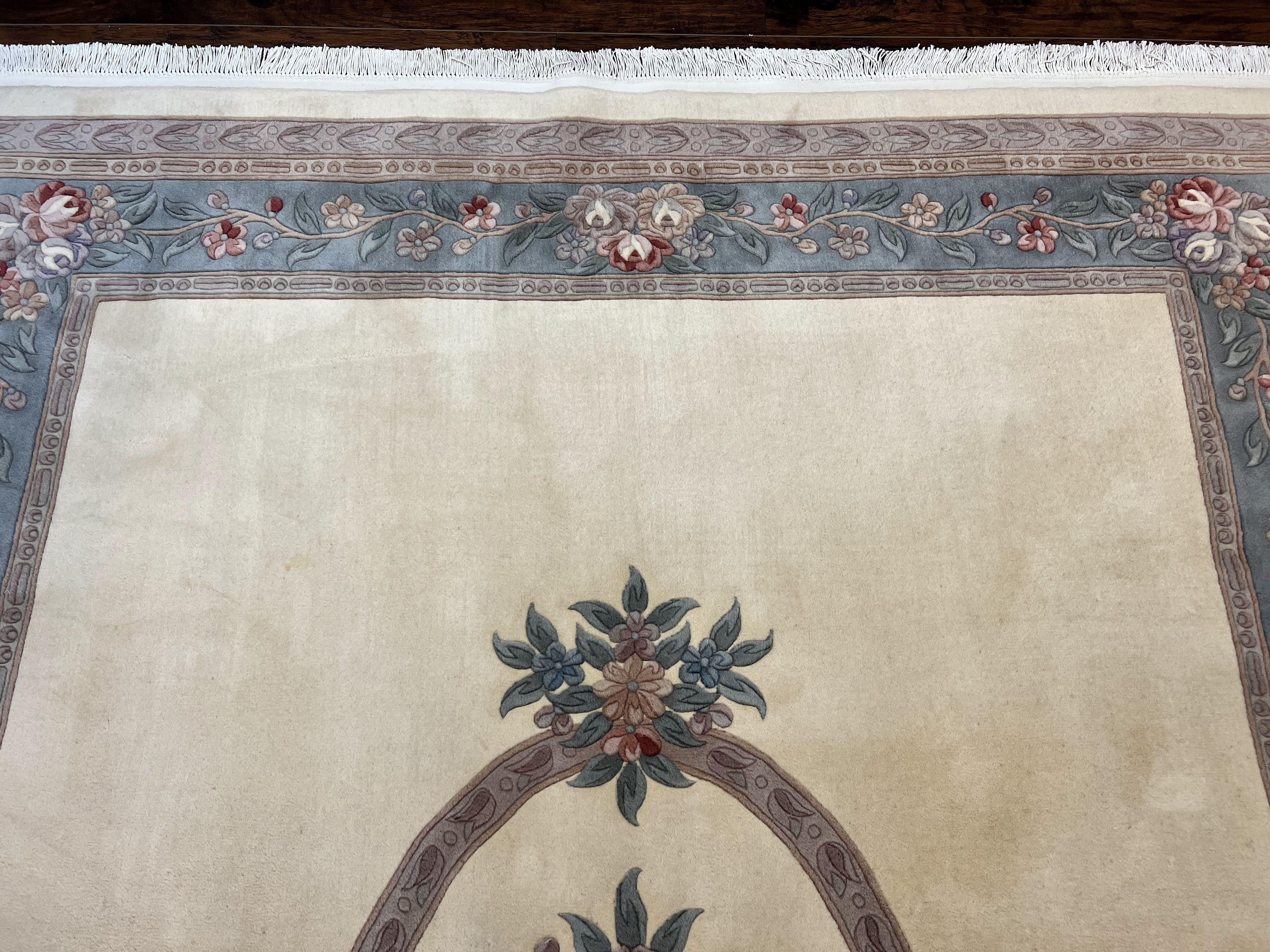 Chinese Carving Rug 8x10, Chinese Wool Carpet 8 x 10, Cream, 120 Line Rug, Vintage Handmade Art Deco Asian Oriental Rug, Aubusson Rug - Image 2