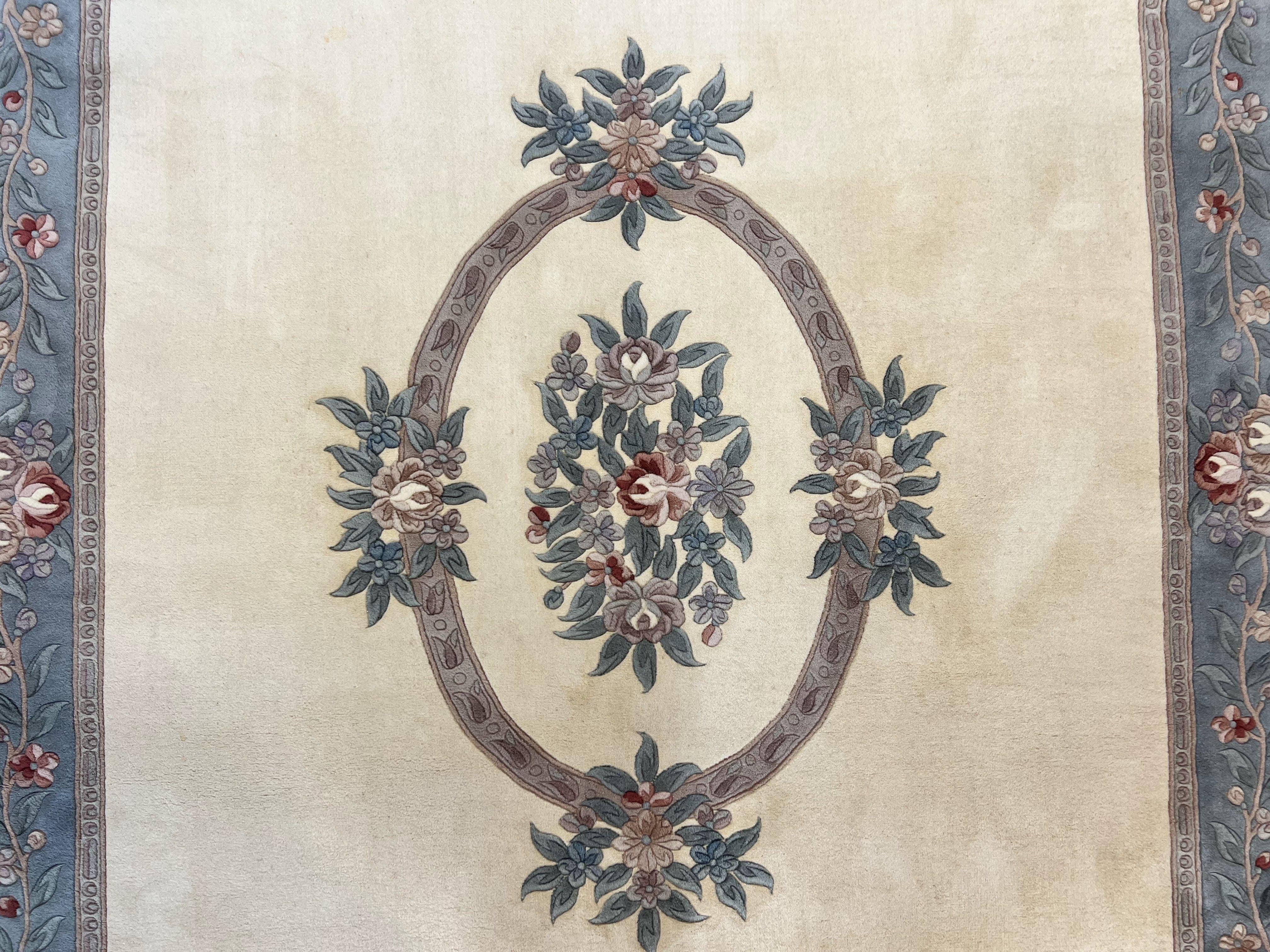 Chinese Carving Rug 8x10, Chinese Wool Carpet 8 x 10, Cream, 120 Line Rug, Vintage Handmade Art Deco Asian Oriental Rug, Aubusson Rug - Image 3