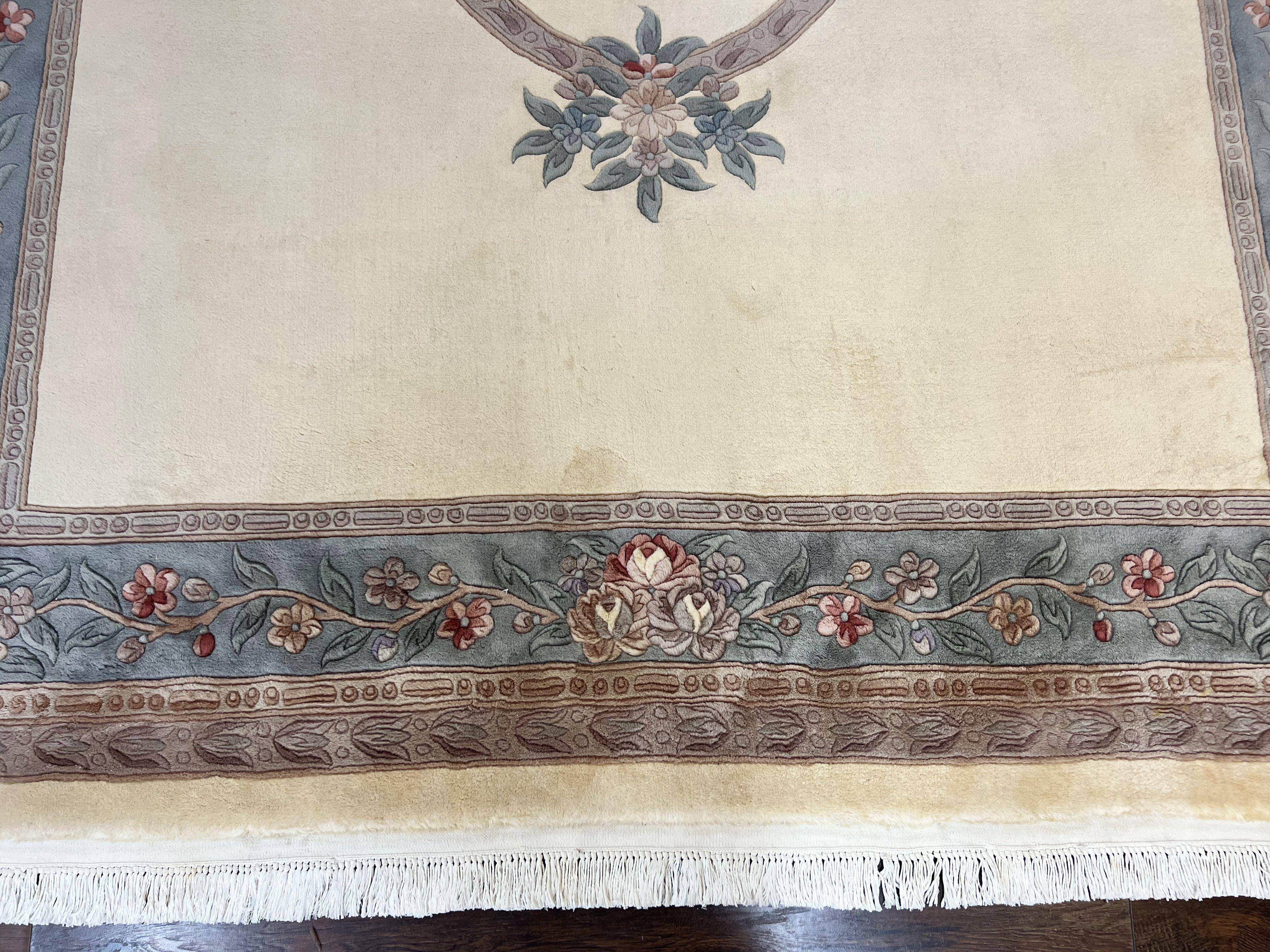Chinese Carving Rug 8x10, Chinese Wool Carpet 8 x 10, Cream, 120 Line Rug, Vintage Handmade Art Deco Asian Oriental Rug, Aubusson Rug - Image 4