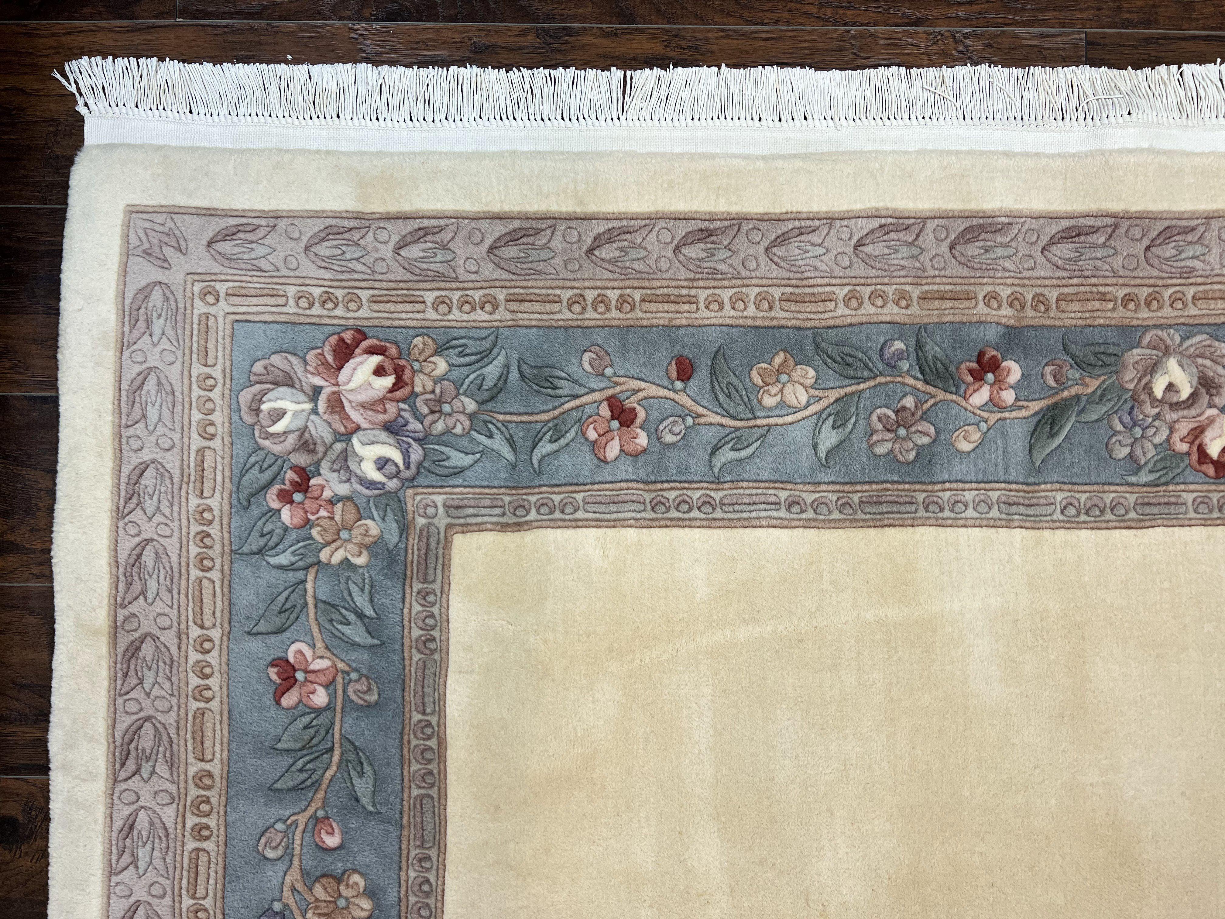 Chinese Carving Rug 8x10, Chinese Wool Carpet 8 x 10, Cream, 120 Line Rug, Vintage Handmade Art Deco Asian Oriental Rug, Aubusson Rug - Image 5