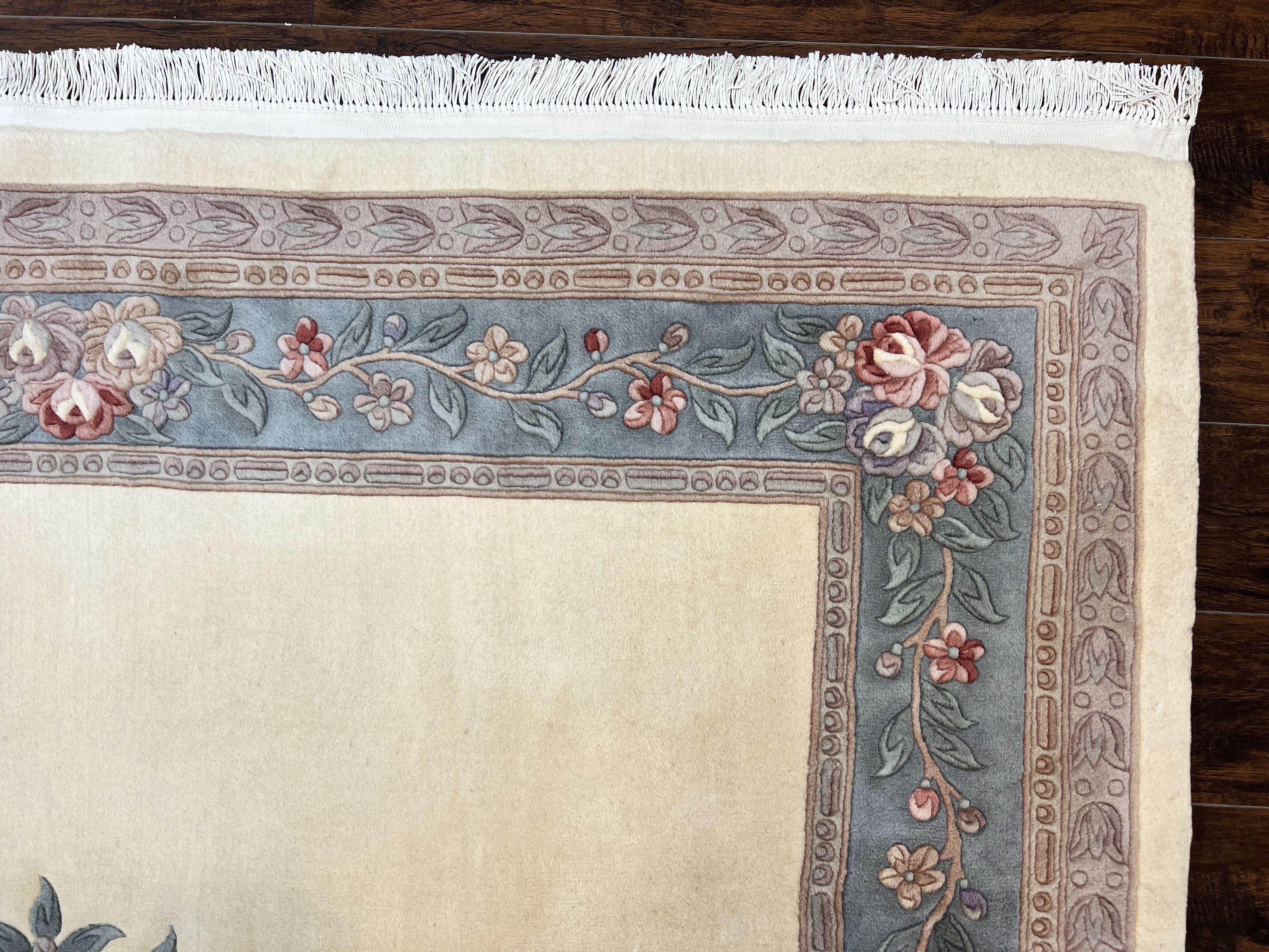 Chinese Carving Rug 8x10, Chinese Wool Carpet 8 x 10, Cream, 120 Line Rug, Vintage Handmade Art Deco Asian Oriental Rug, Aubusson Rug - Image 6
