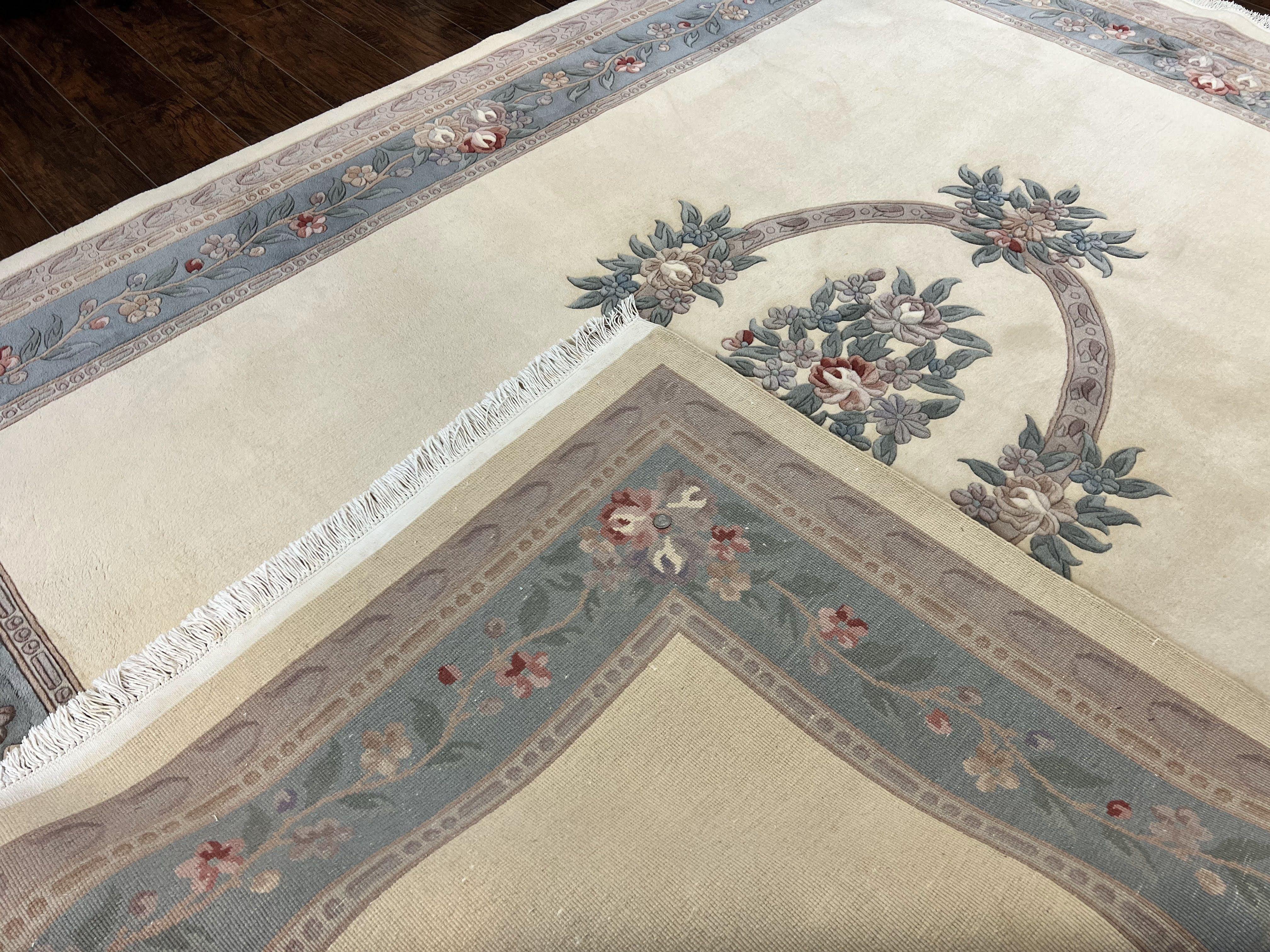 Chinese Carving Rug 8x10, Chinese Wool Carpet 8 x 10, Cream, 120 Line Rug, Vintage Handmade Art Deco Asian Oriental Rug, Aubusson Rug - Image 9