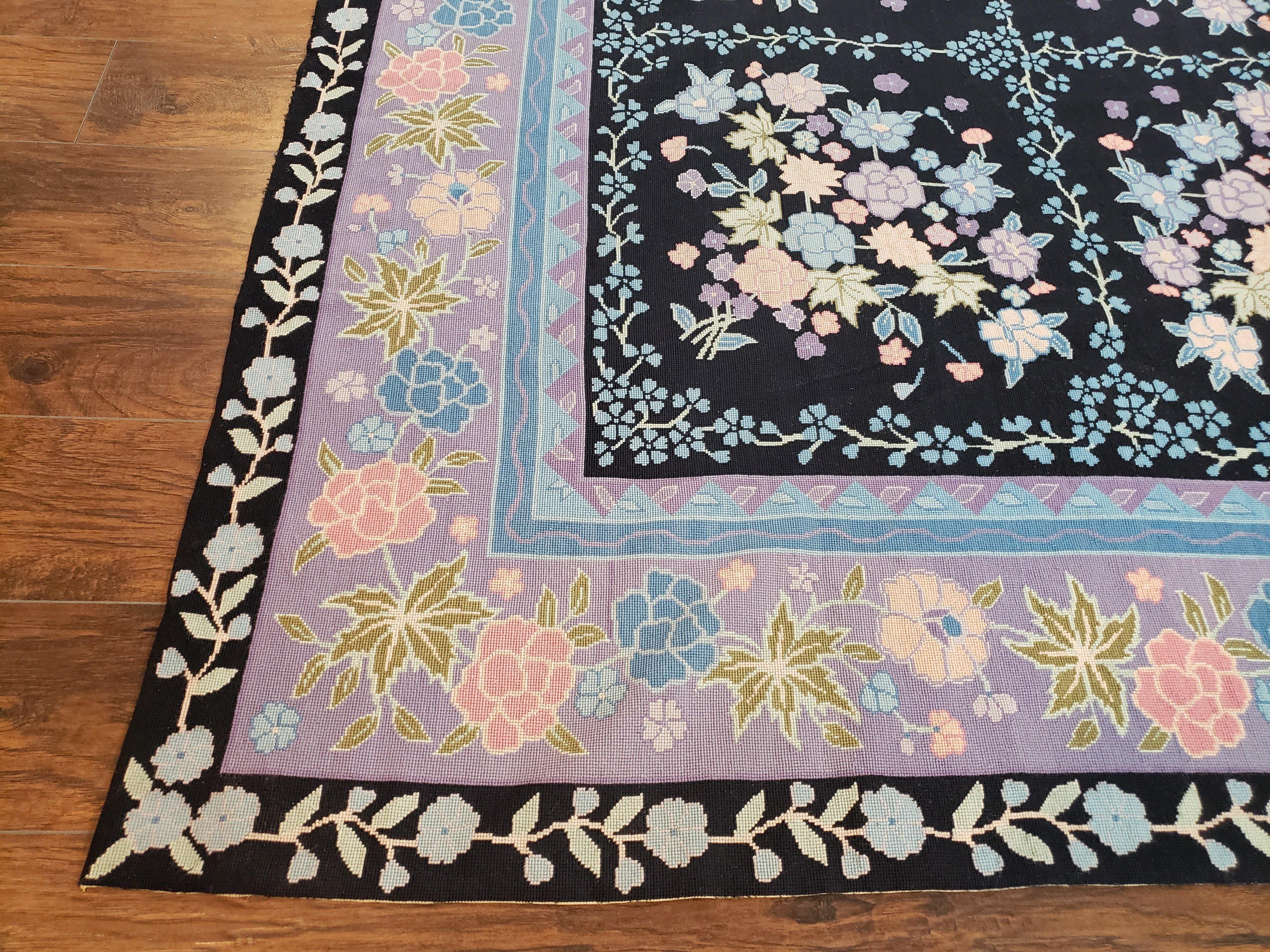 Chinese Needlepoint Rug 8 x 11.4, Hand-Woven Area Carpet, Flatweave Rug, Black Blue Light Violet Floral Garden European Design Wool Aubusson - Image 8