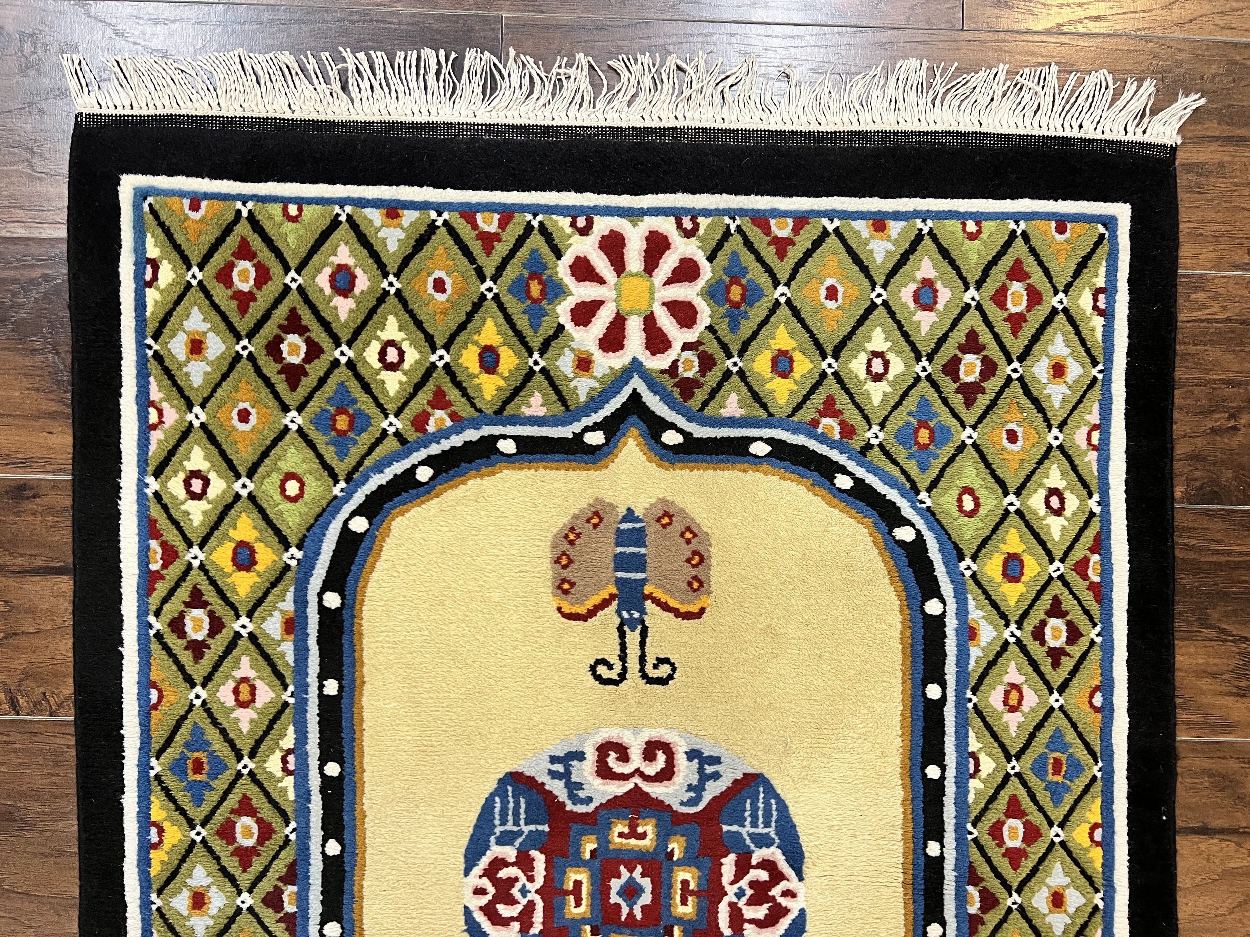 Chinese Rug 3x6 ft, Chinese Wool Rug, Tiensin Rug, Handmade Wool 3 x 6 Vintage Peking Rug, Art Deco Rug, Butterflies - Image 3