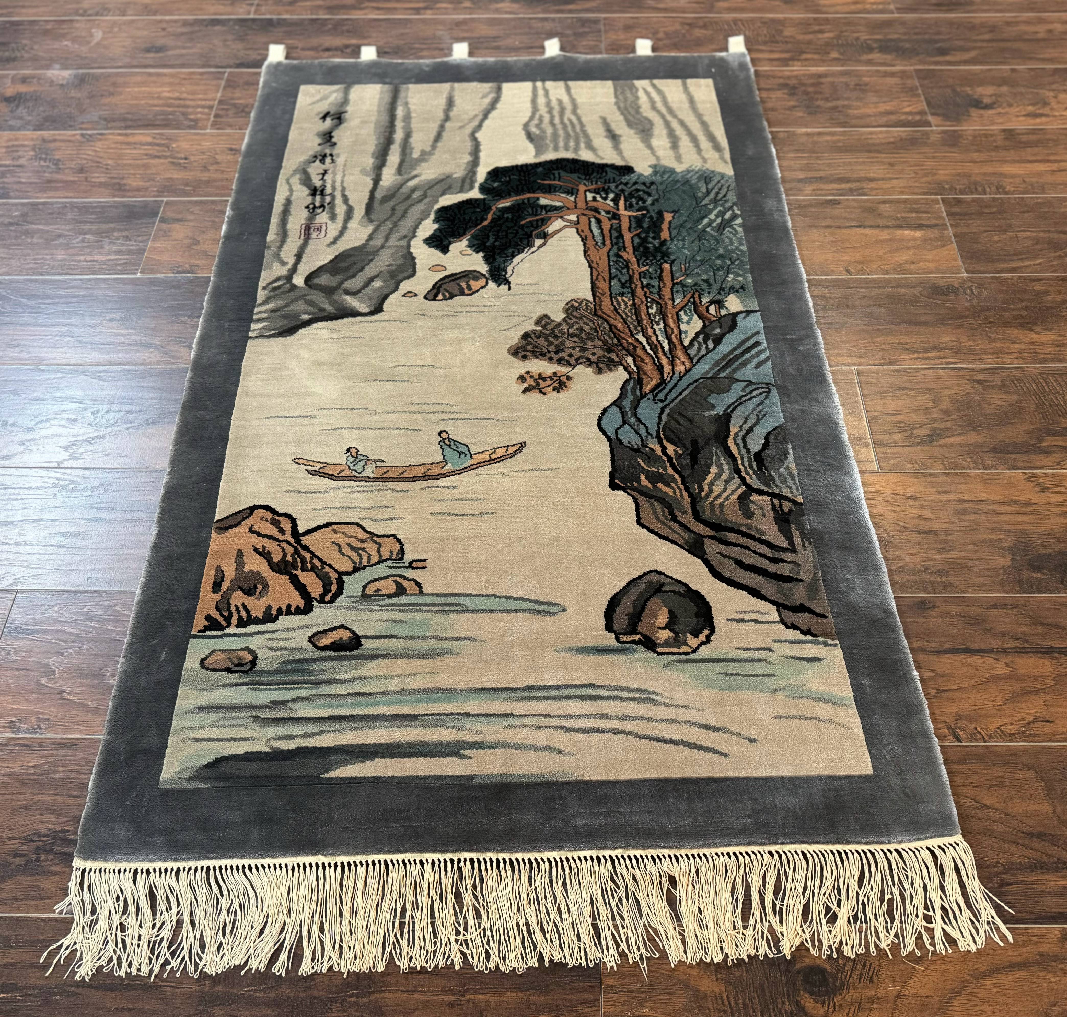 Chinese Silk Wall Hanging 3x5, Handmade, River and Boat Scene, Rug Tapestry - Image 2